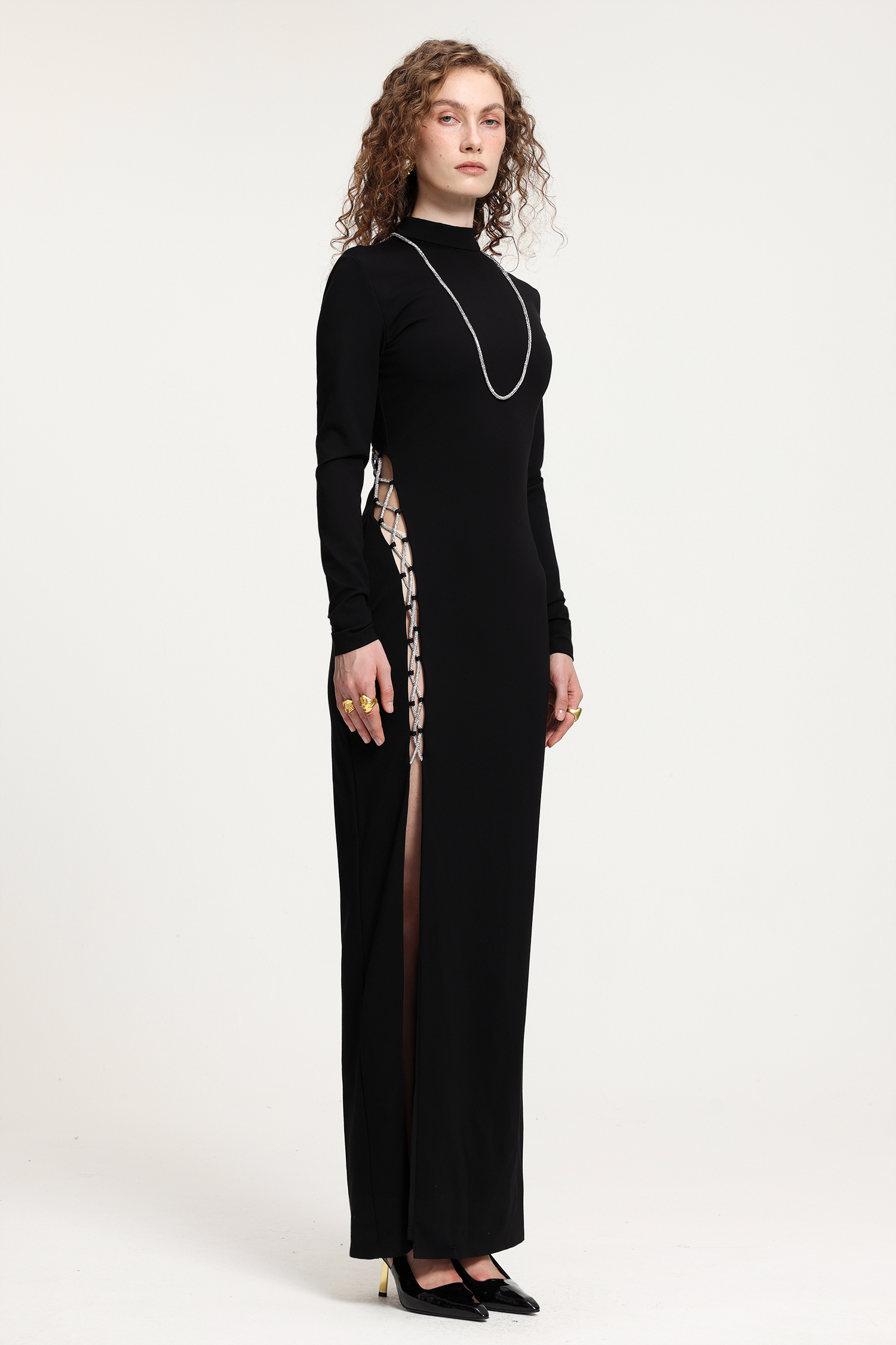 Black Mock Neck Gown With Rhinestone Lace-Up Side Slit