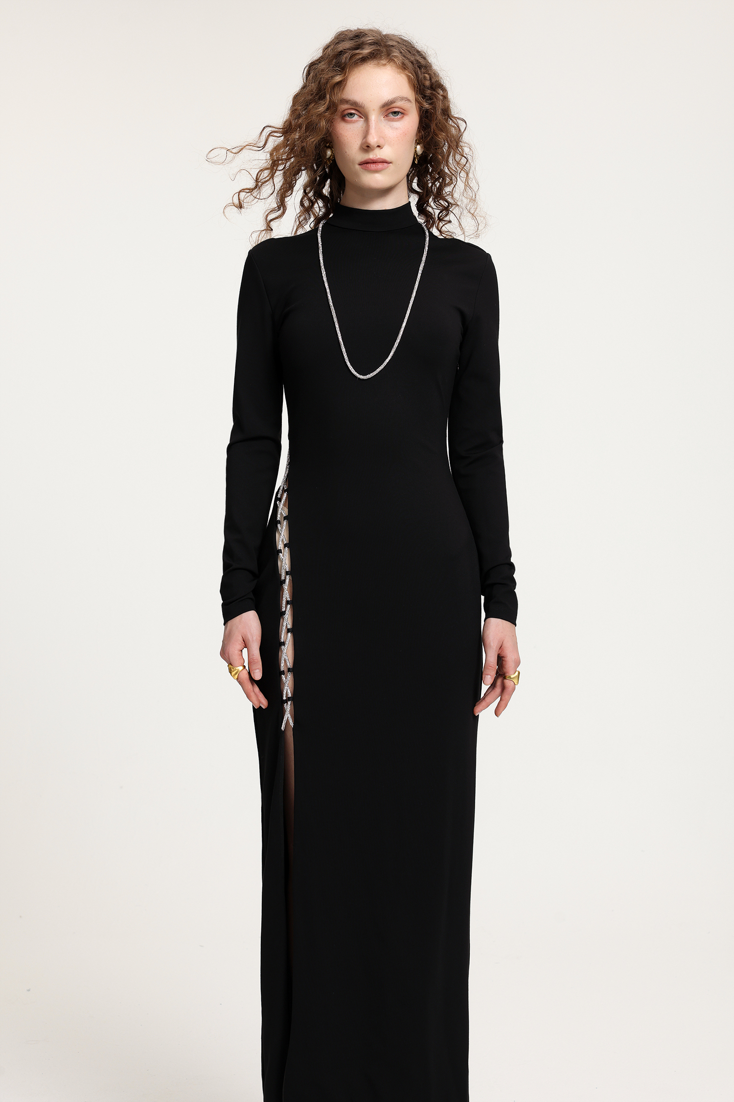 Black Mock Neck Gown With Rhinestone Lace-Up Side Slit