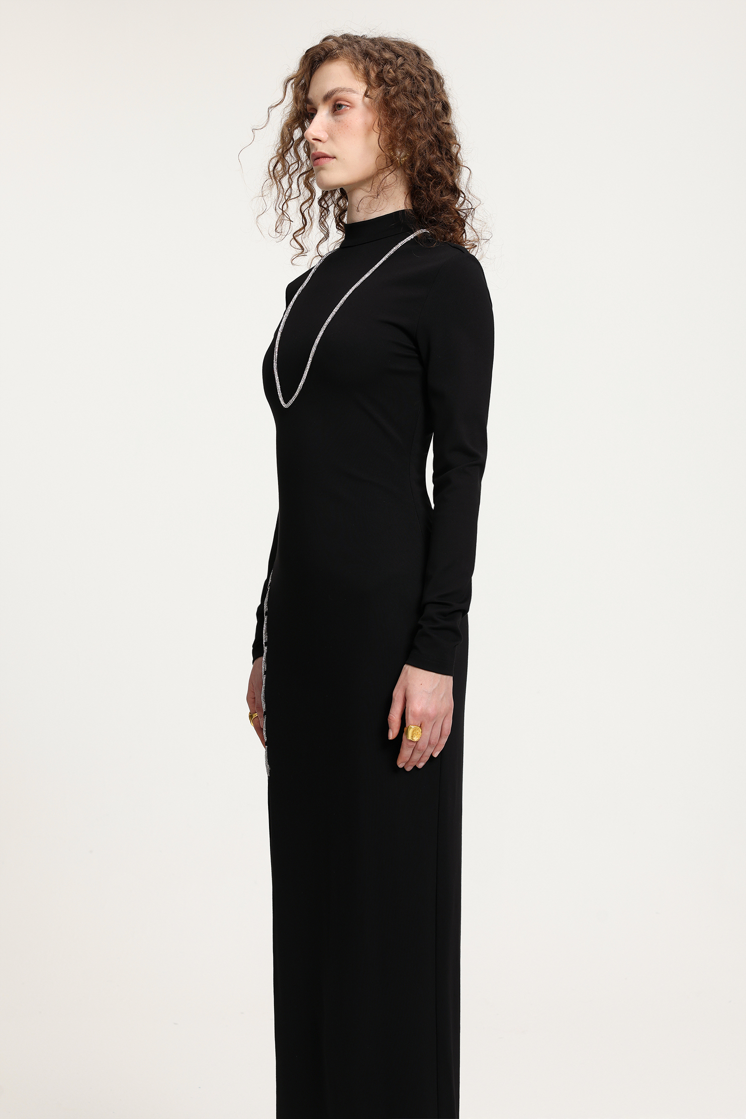 Black Mock Neck Gown With Rhinestone Lace-Up Side Slit