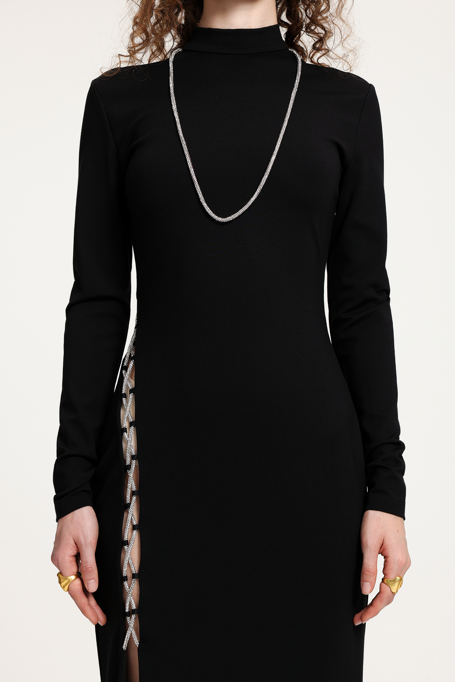 Black Mock Neck Gown With Rhinestone Lace-Up Side Slit