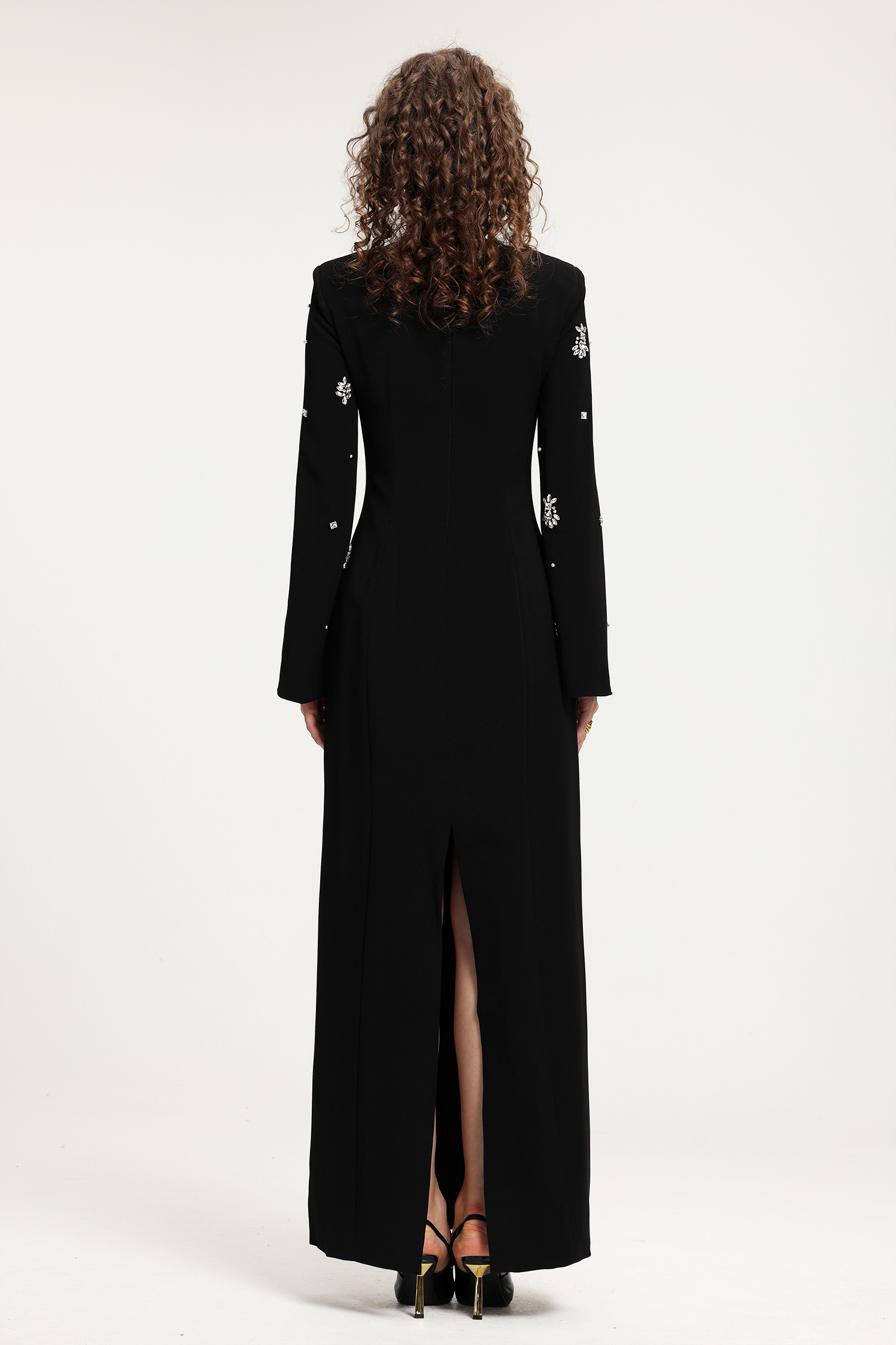 Black Rhinestone-Embellished Long-Sleeve Floor-Length Gown