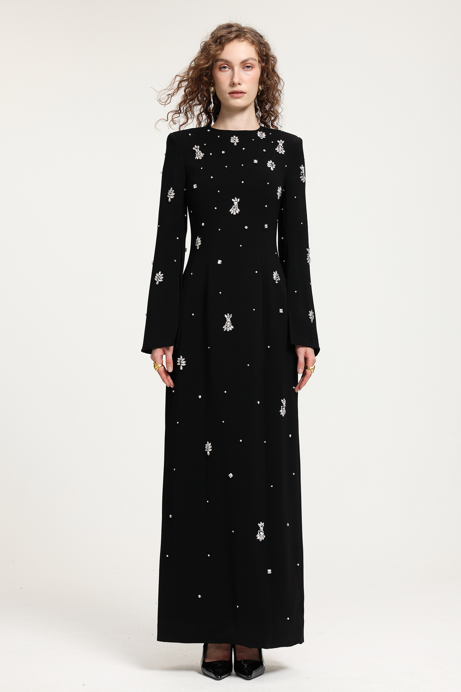 Black Rhinestone-Embellished Long-Sleeve Floor-Length Gown