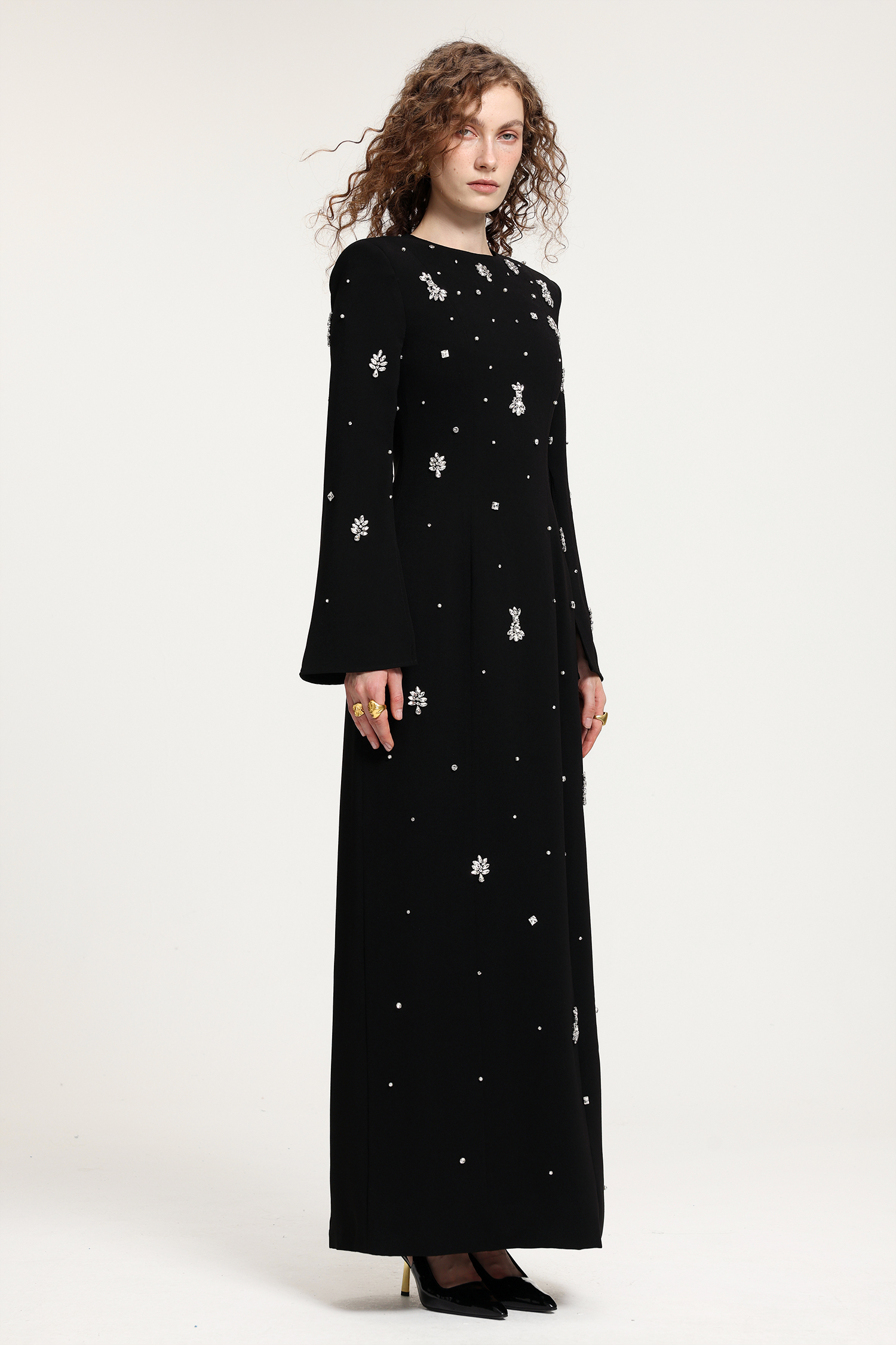 Black Rhinestone-Embellished Long-Sleeve Floor-Length Gown