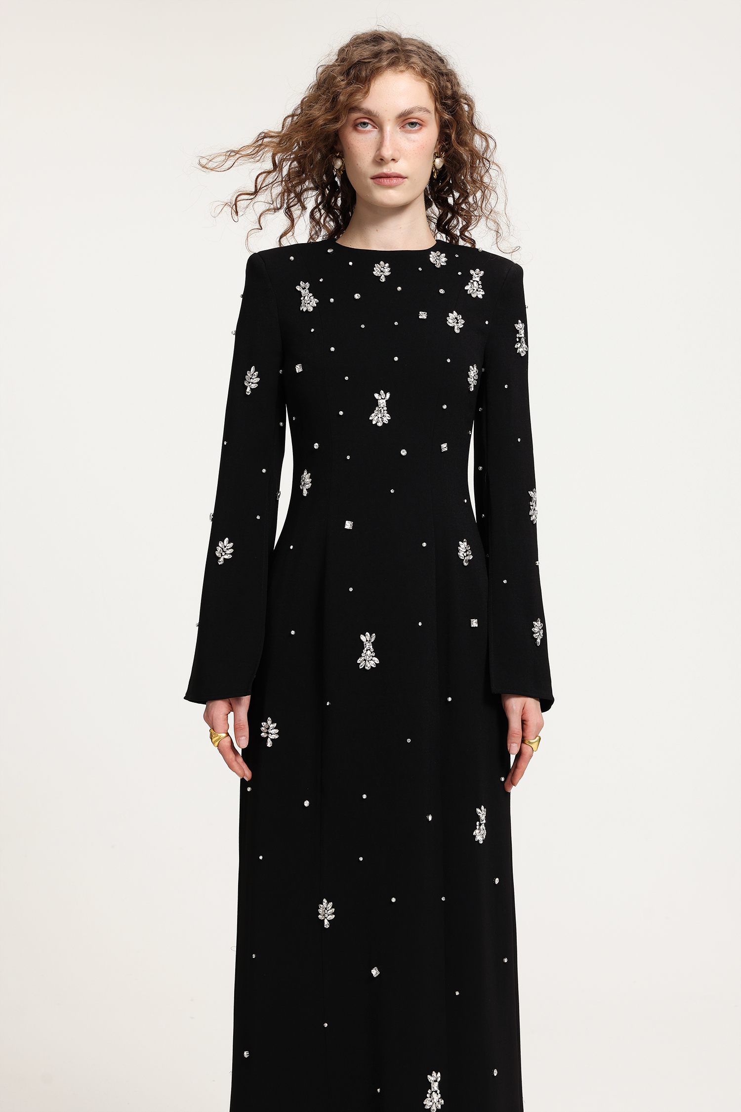 Black Rhinestone-Embellished Long-Sleeve Floor-Length Gown