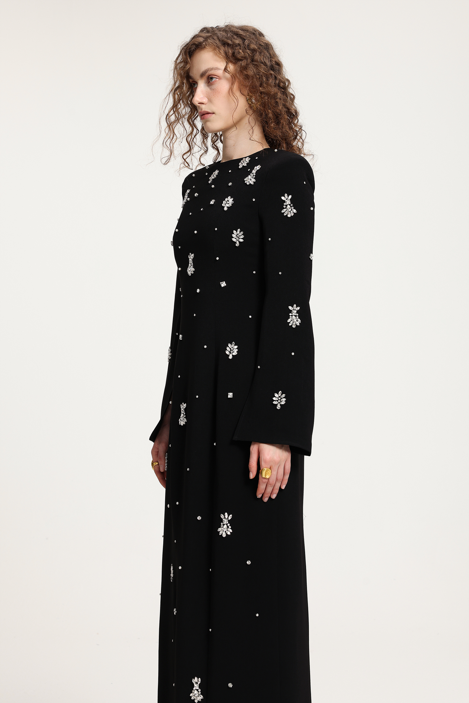 Black Rhinestone-Embellished Long-Sleeve Floor-Length Gown