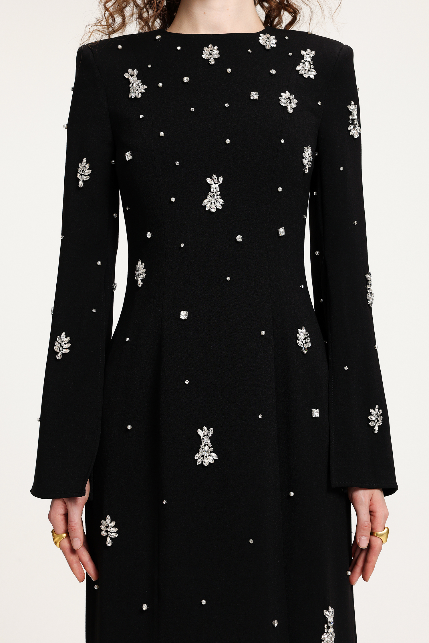 Black Rhinestone-Embellished Long-Sleeve Floor-Length Gown