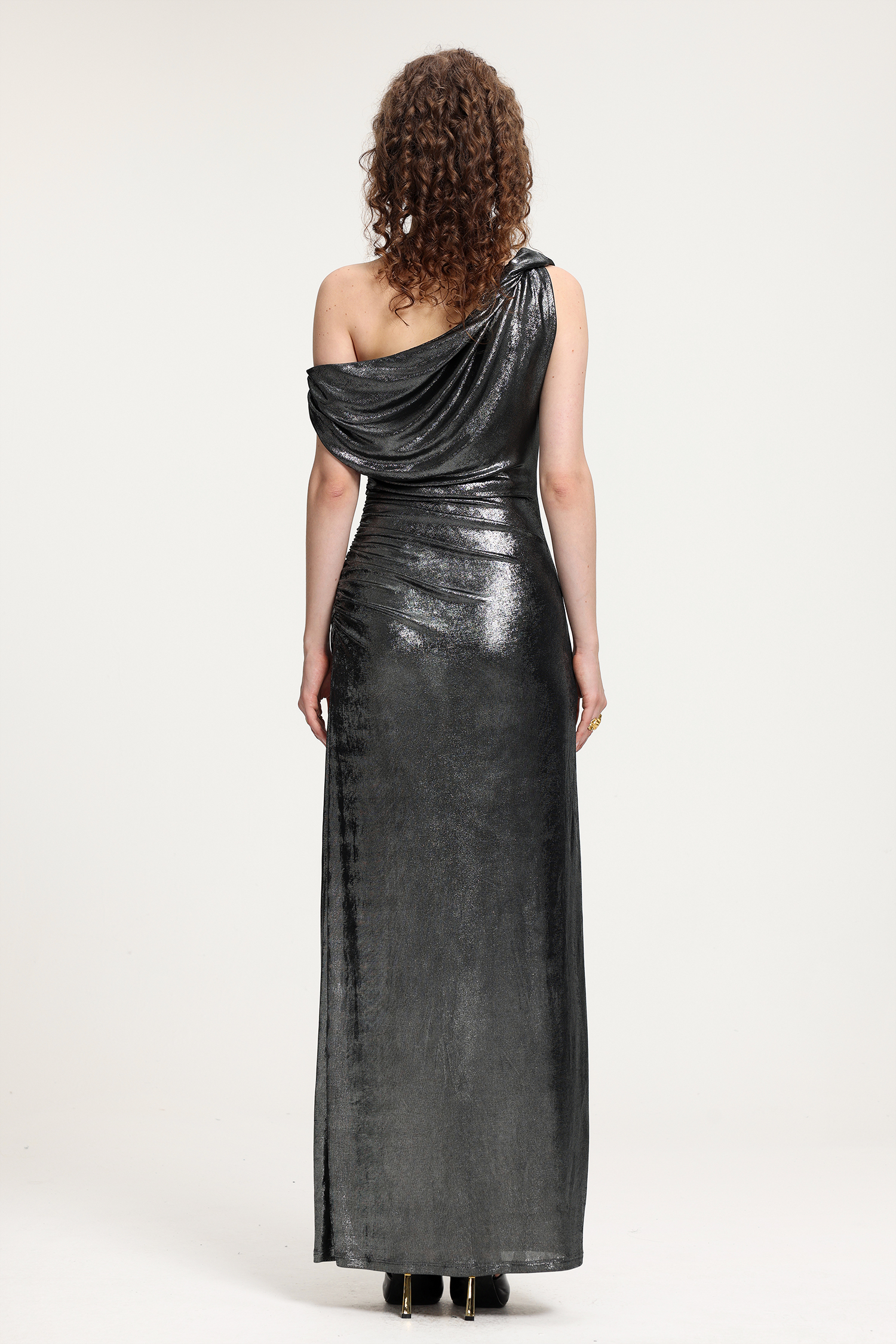 Metallic Silver-Gray One-Shoulder Ruched Floor-Length Gown