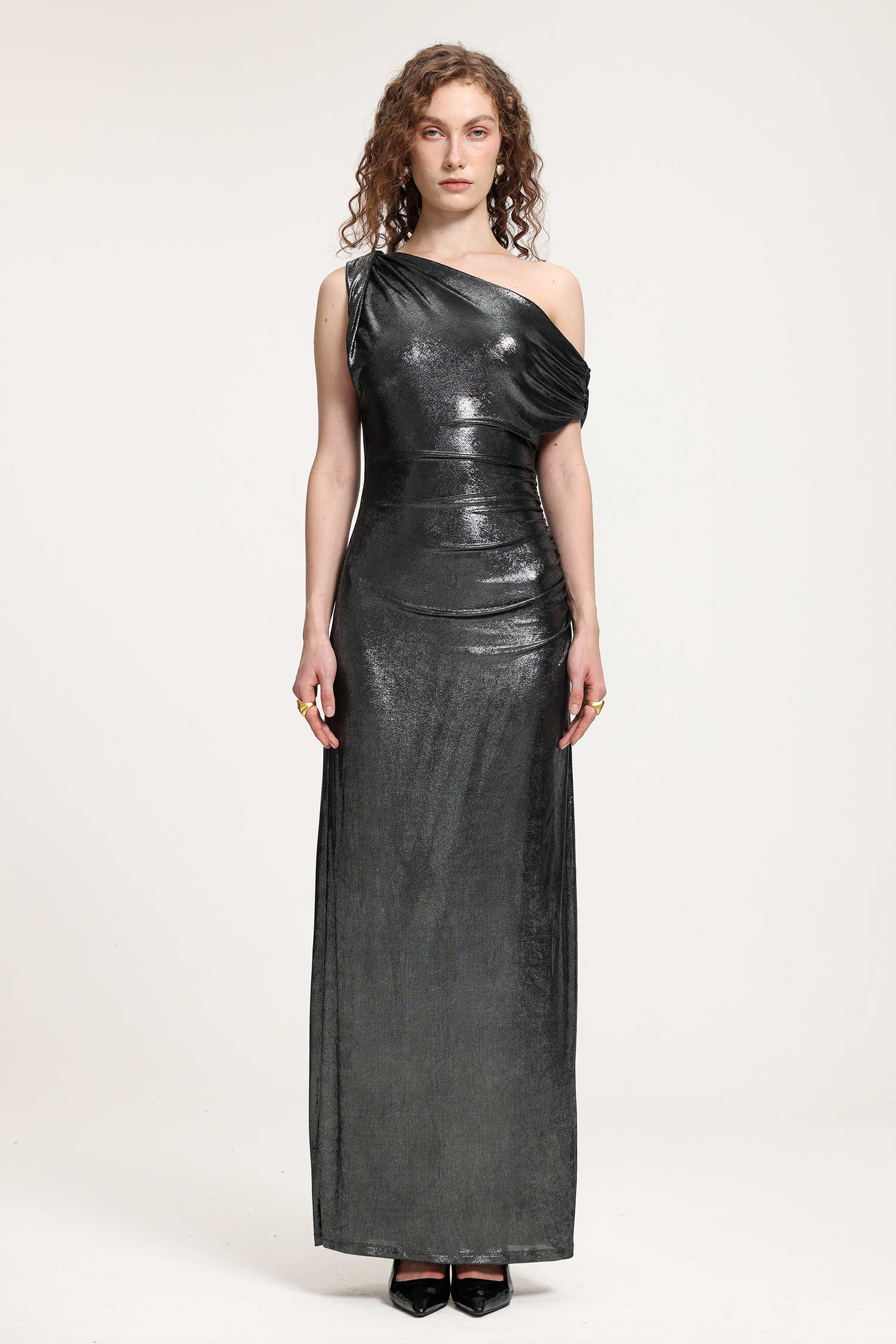 Metallic Silver-Gray One-Shoulder Ruched Floor-Length Gown