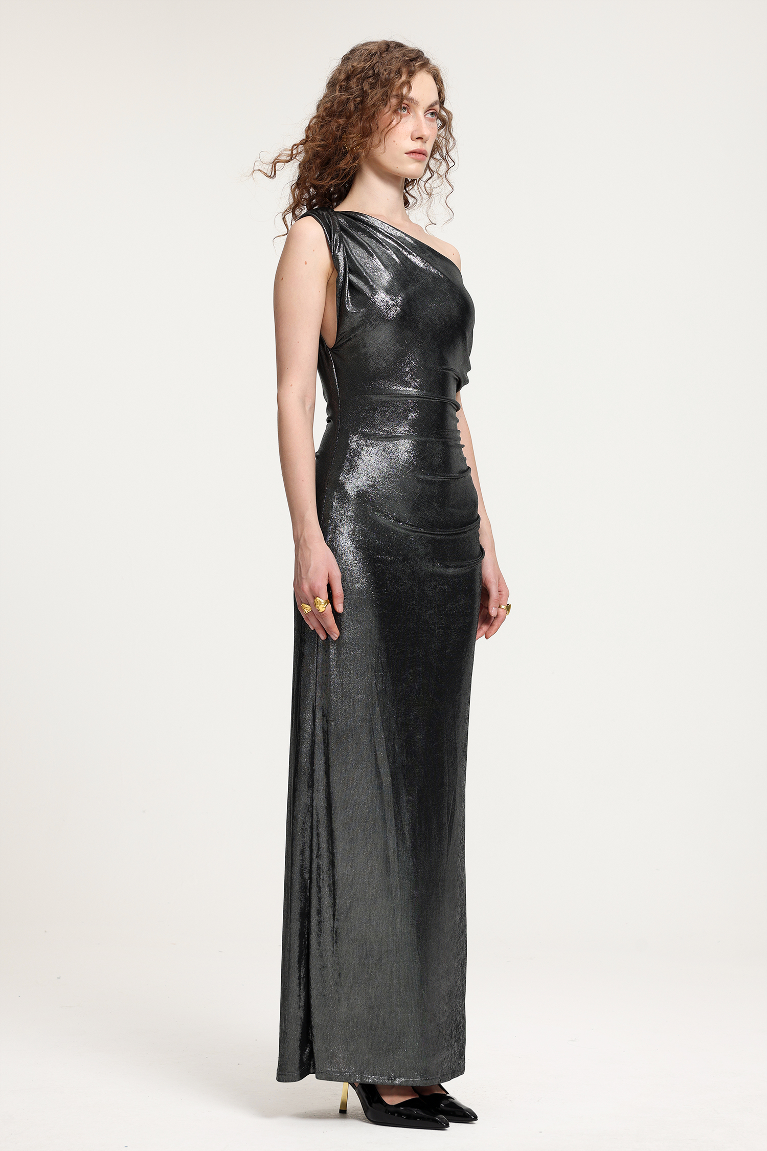 Metallic Silver-Gray One-Shoulder Ruched Floor-Length Gown