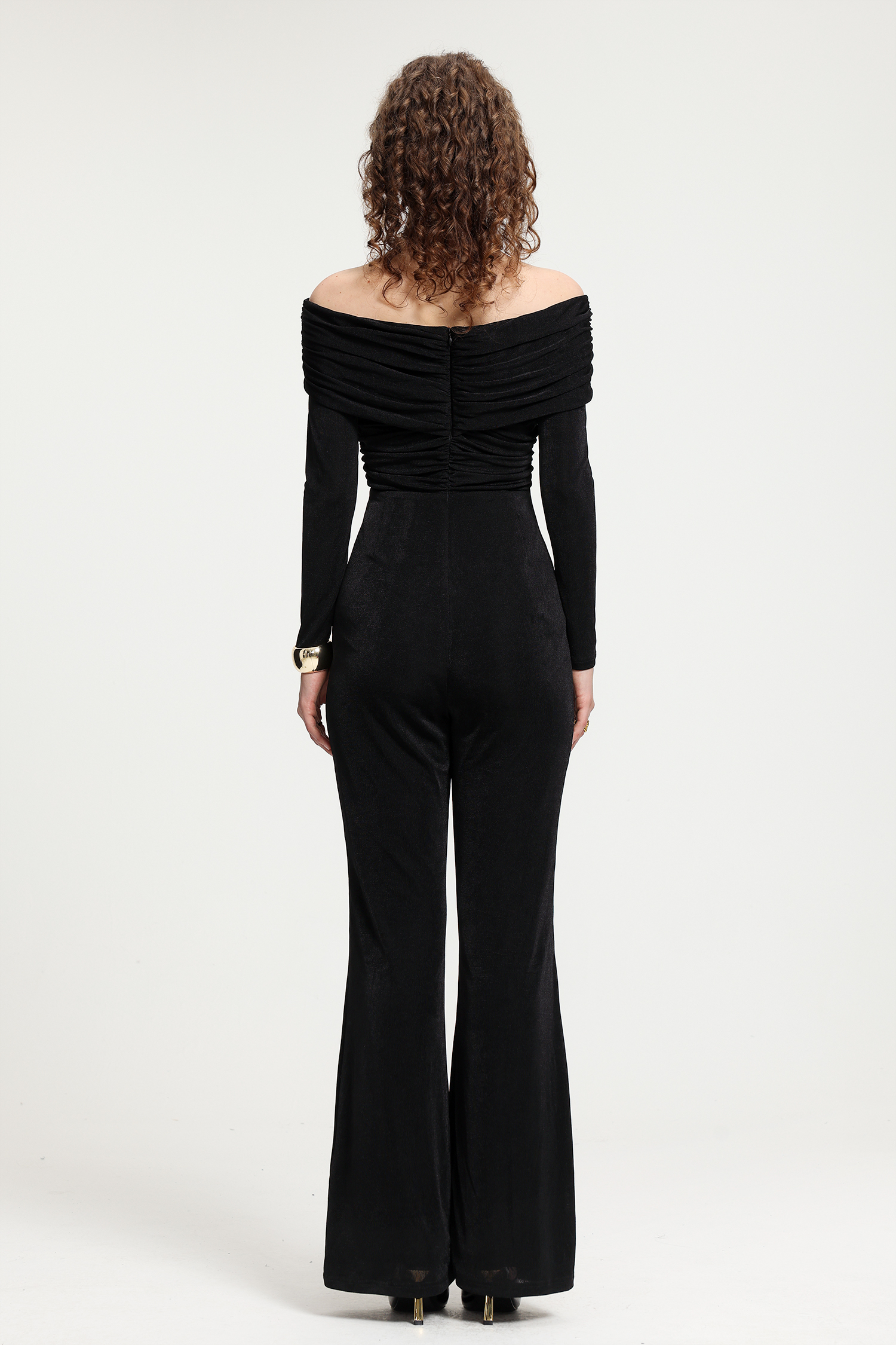 Black Off-the-Shoulder Long-Sleeve Flared Jumpsuit