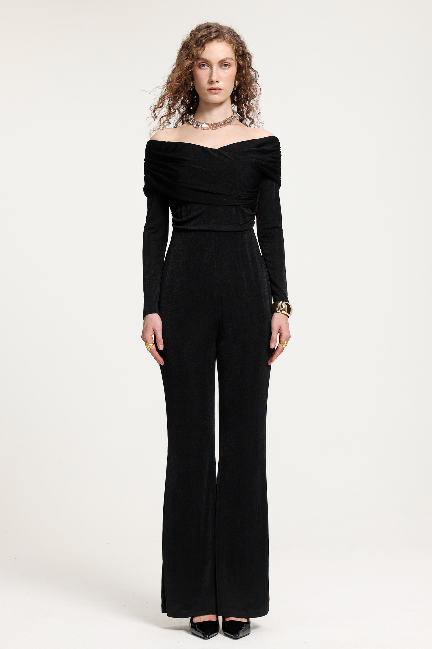 Black Off-the-Shoulder Long-Sleeve Flared Jumpsuit