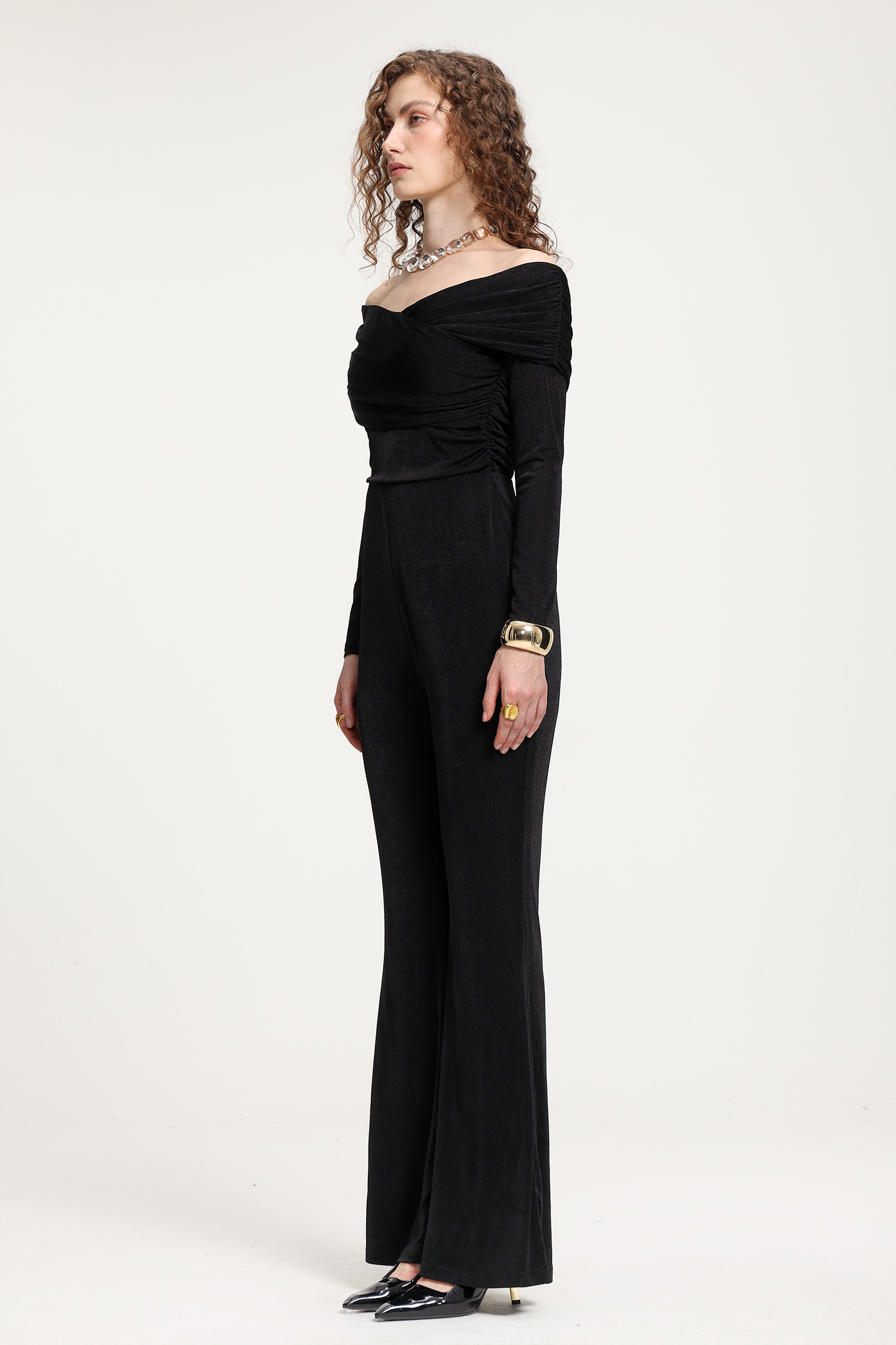 Black Off-the-Shoulder Long-Sleeve Flared Jumpsuit