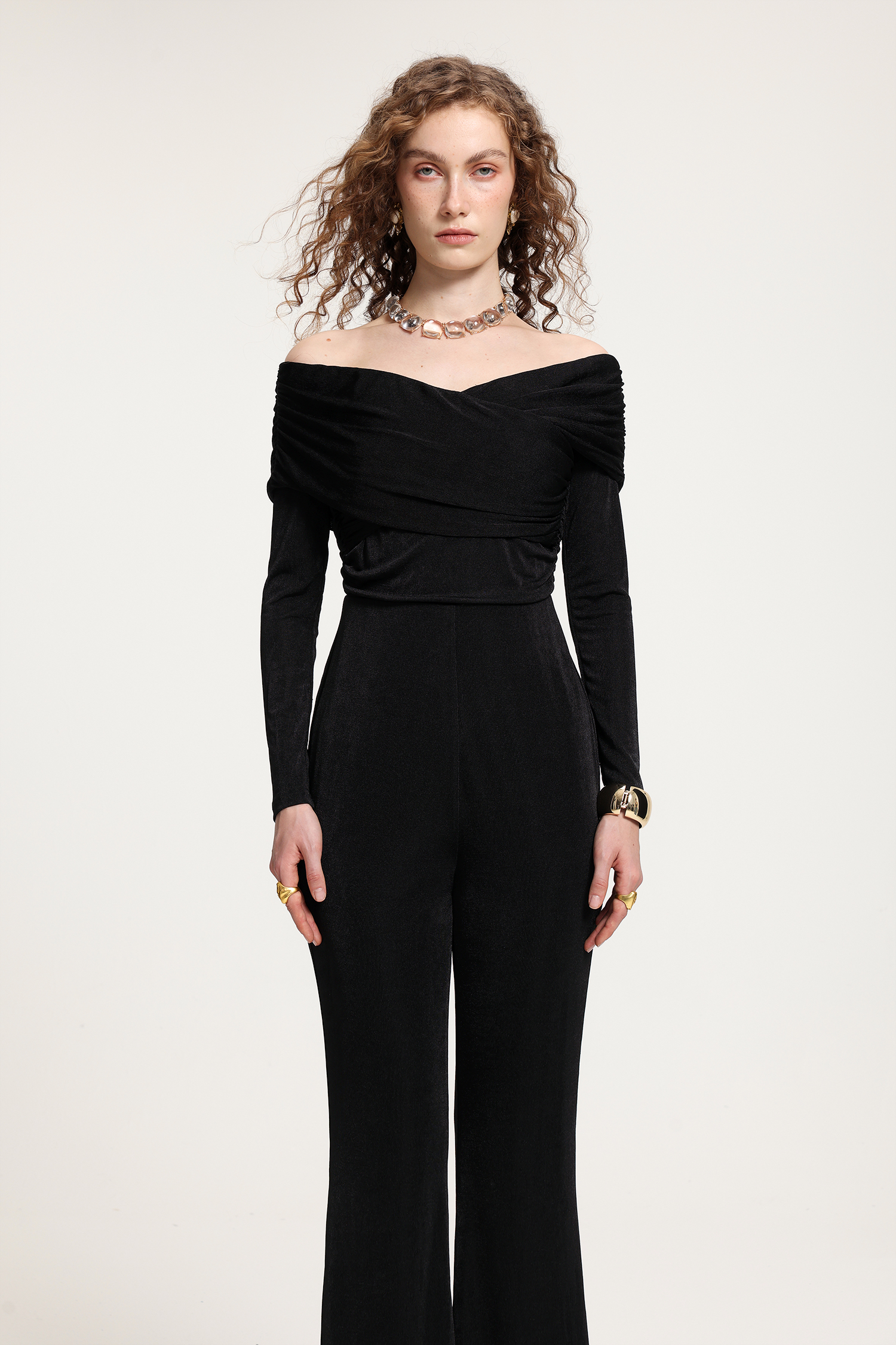 Black Off-the-Shoulder Long-Sleeve Flared Jumpsuit