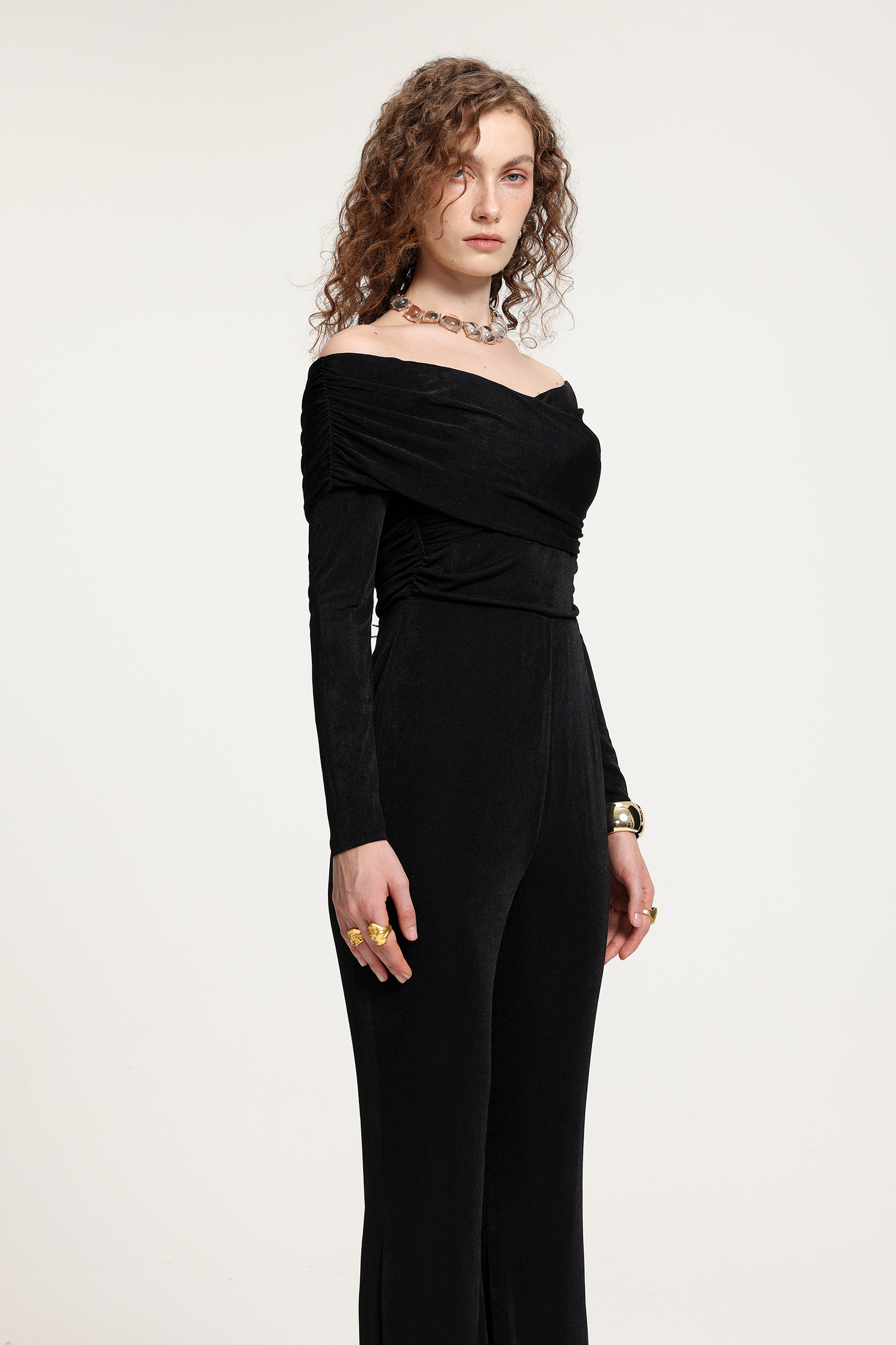 Black Off-the-Shoulder Long-Sleeve Flared Jumpsuit