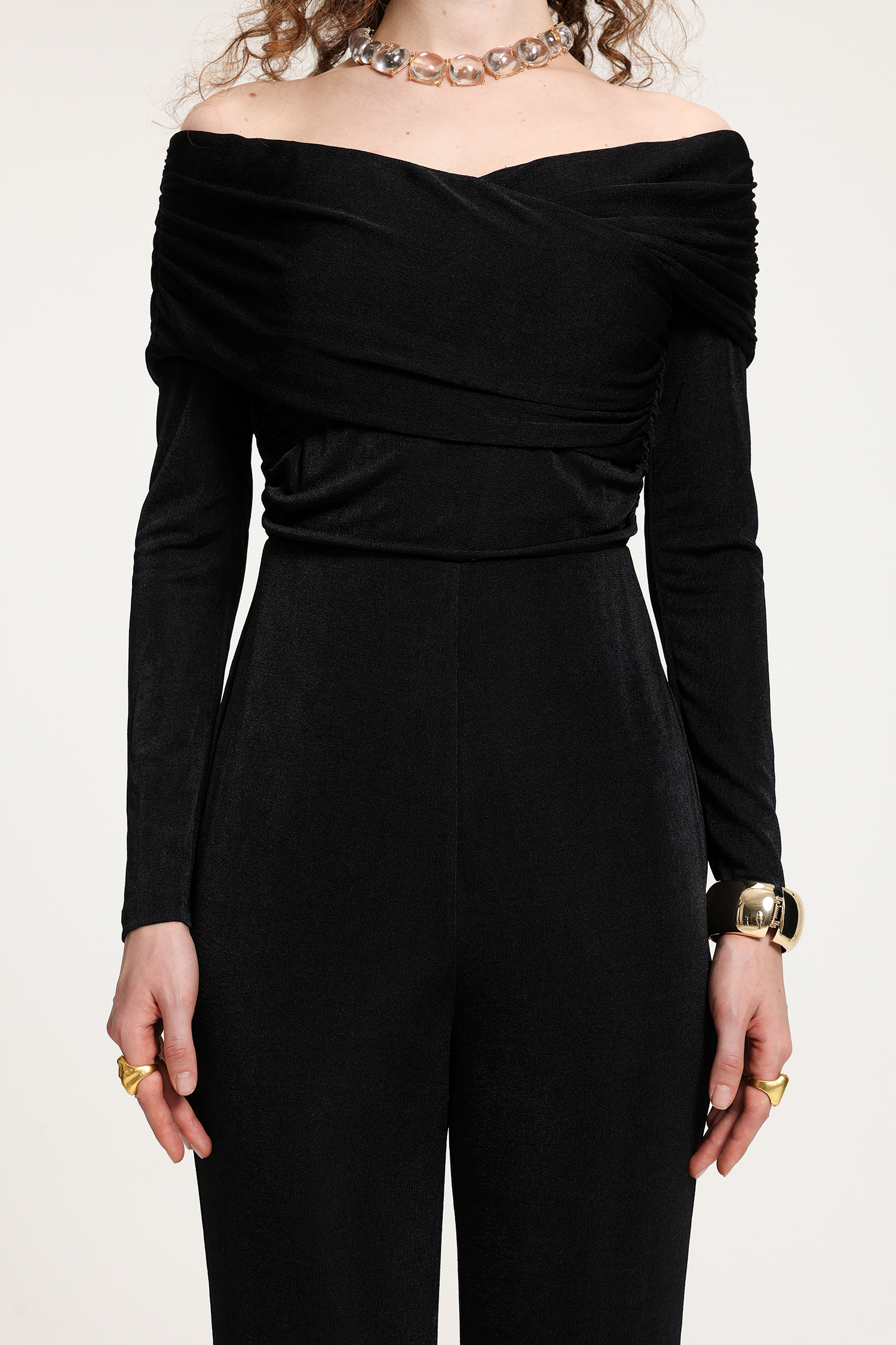 Black Off-the-Shoulder Long-Sleeve Flared Jumpsuit