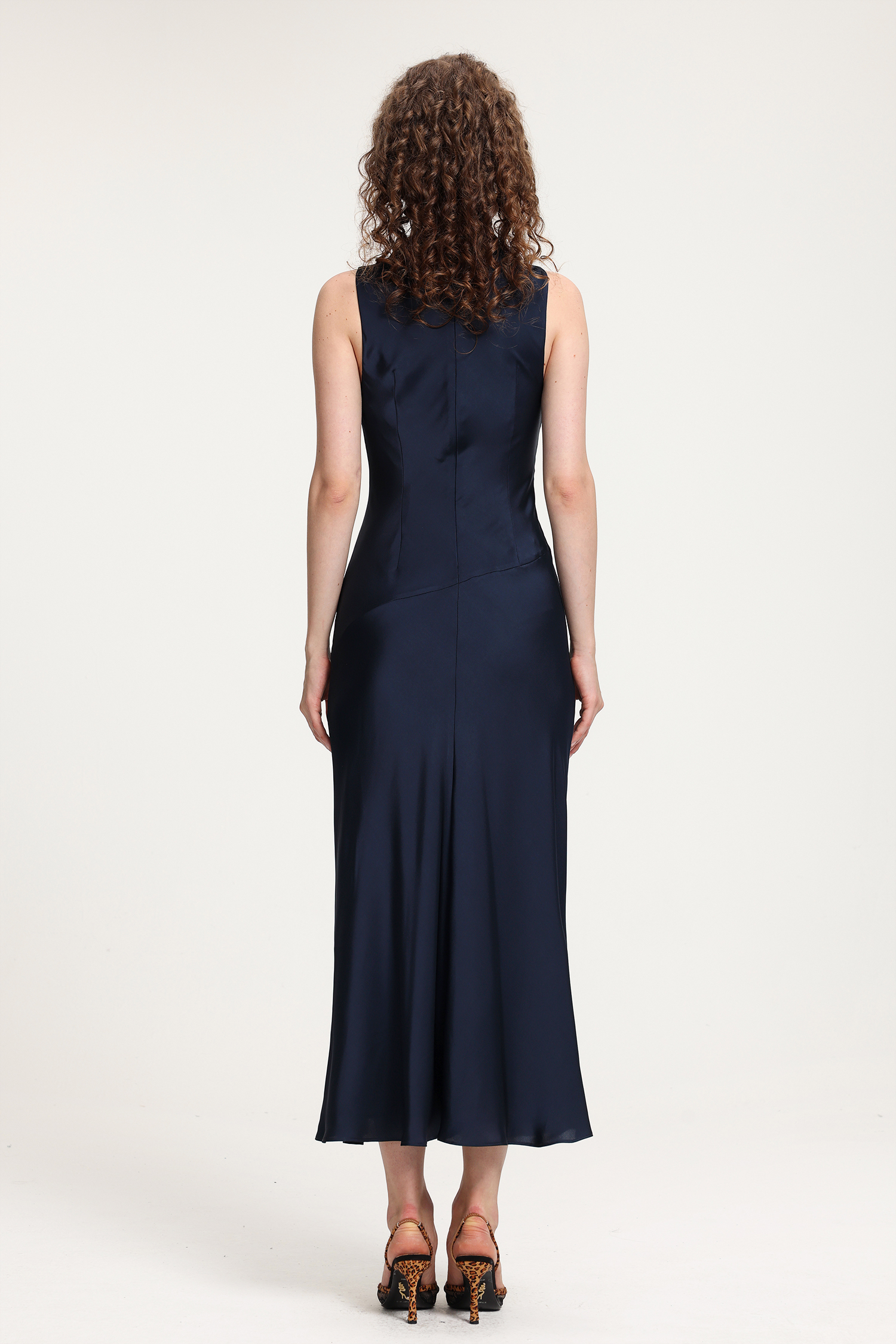 Navy Satin Cowl Neck Midi Dress With Side Slit