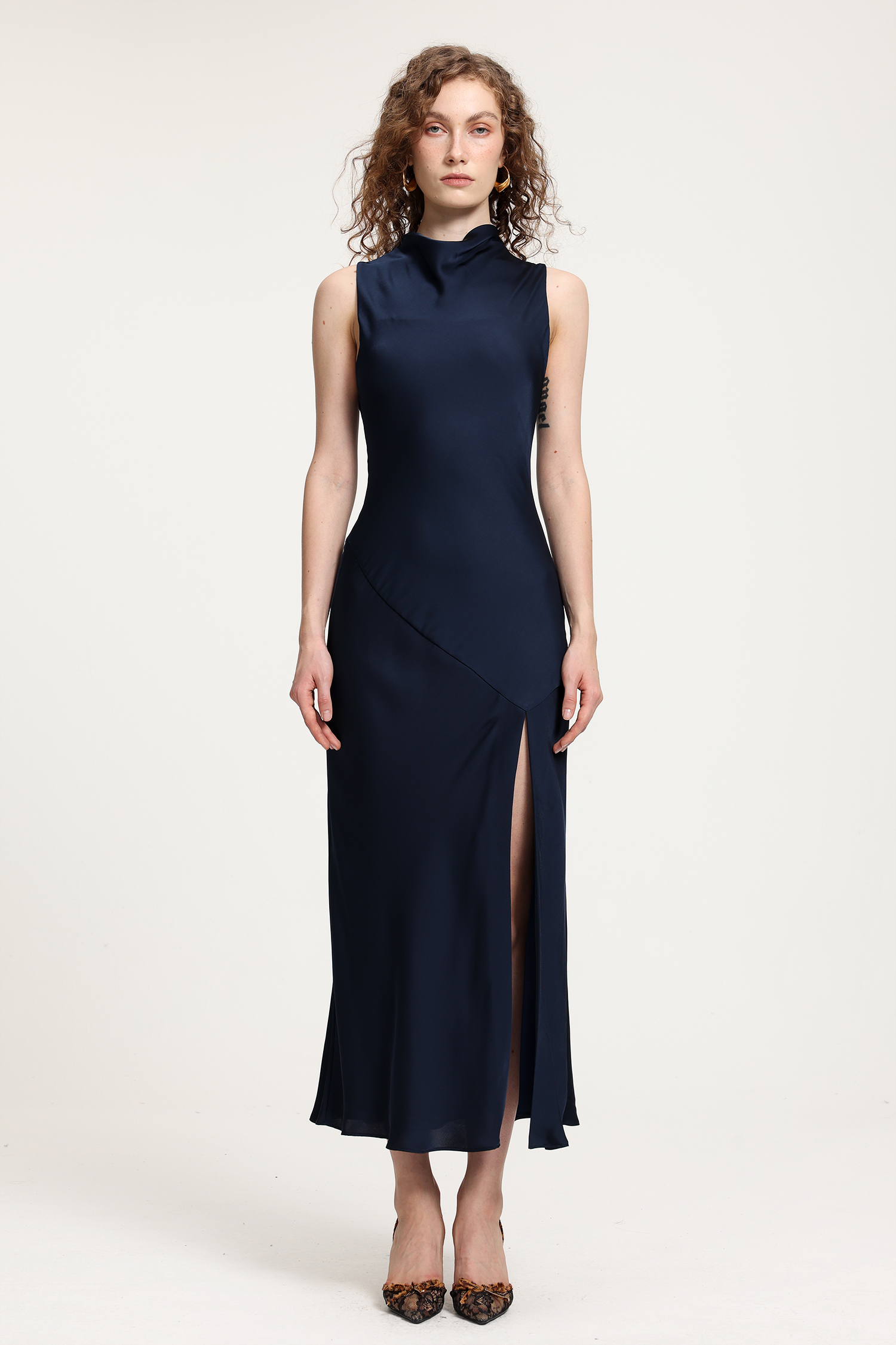 Navy Satin Cowl Neck Midi Dress With Side Slit