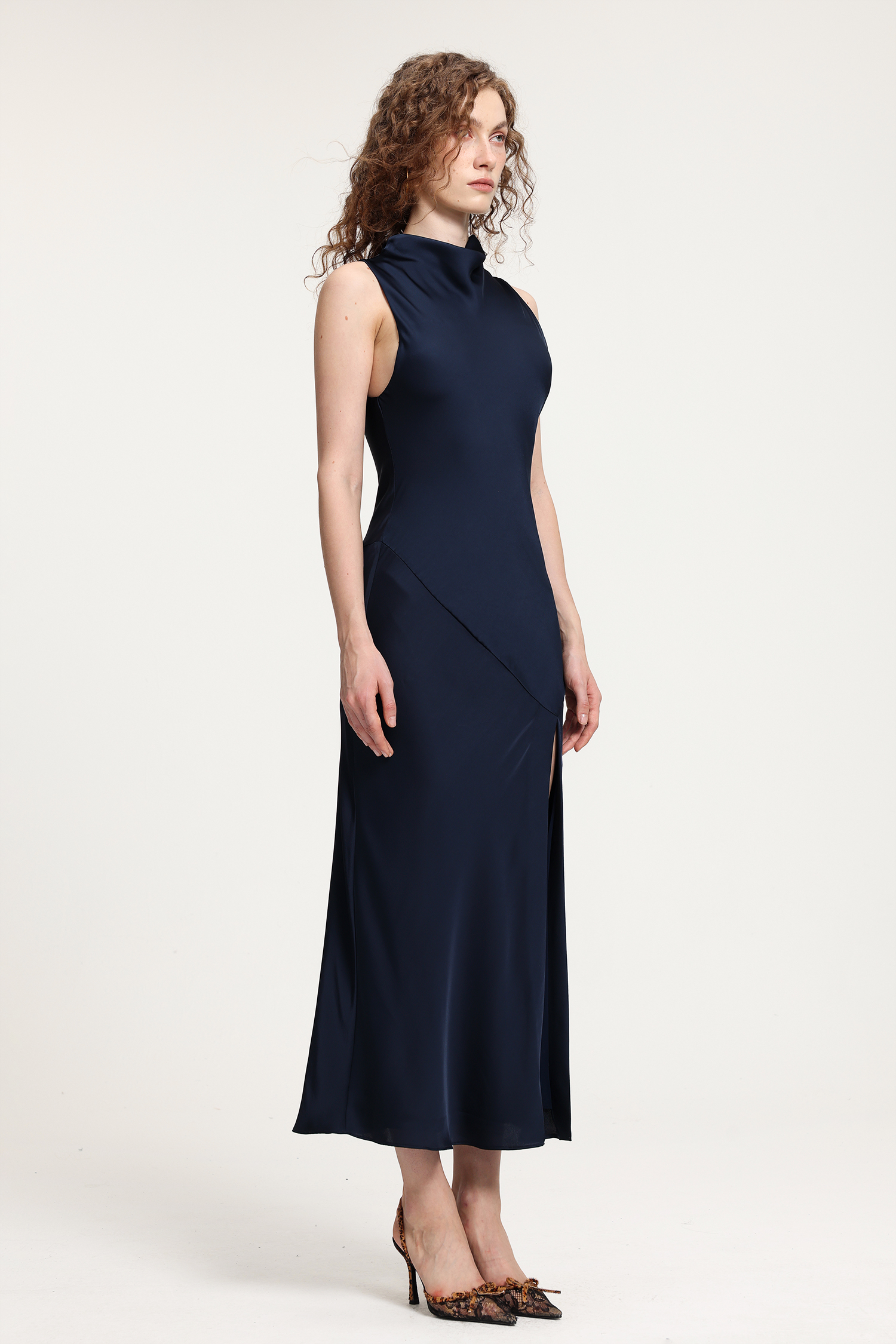 Navy Satin Cowl Neck Midi Dress With Side Slit