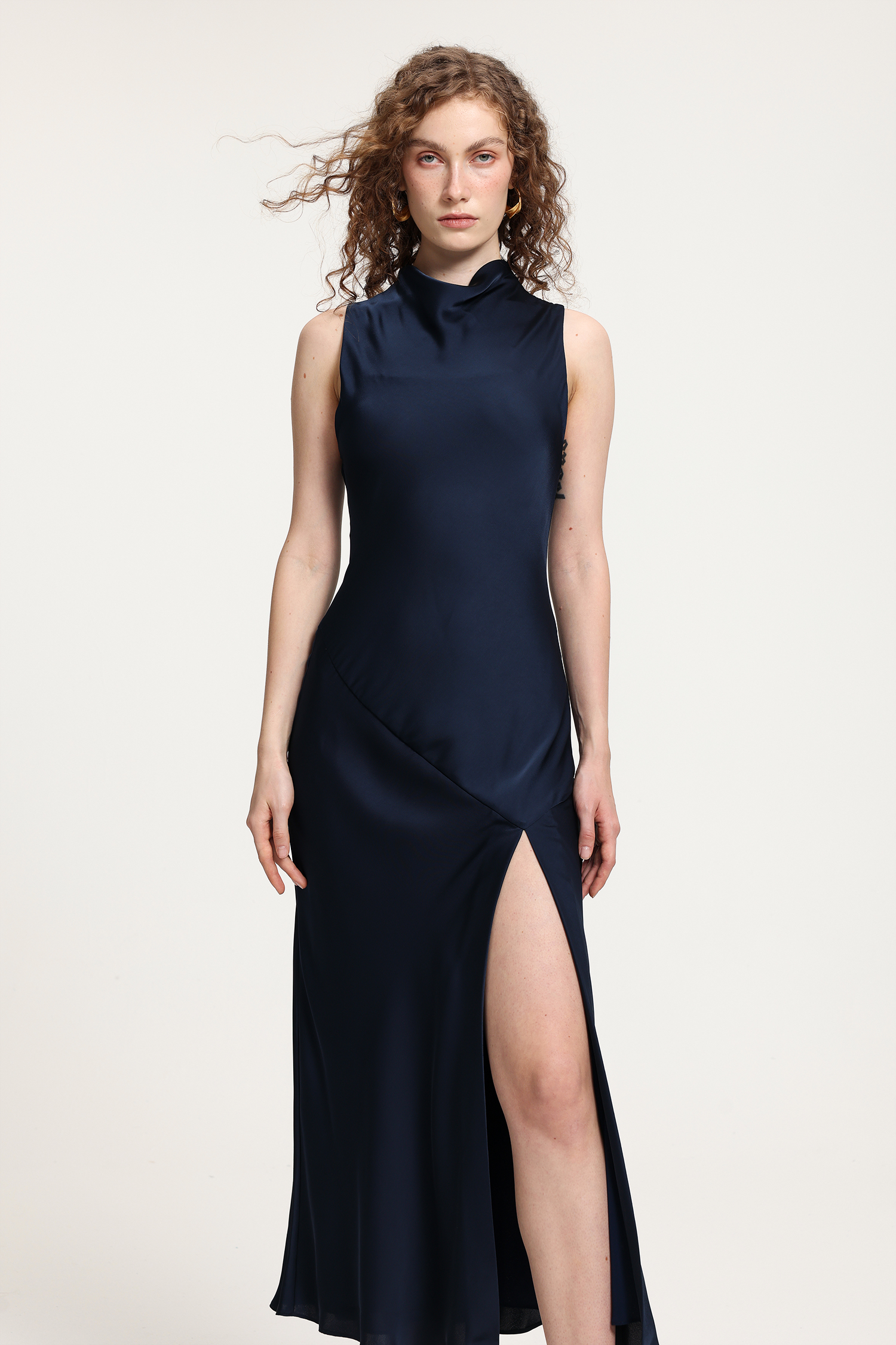 Navy Satin Cowl Neck Midi Dress With Side Slit