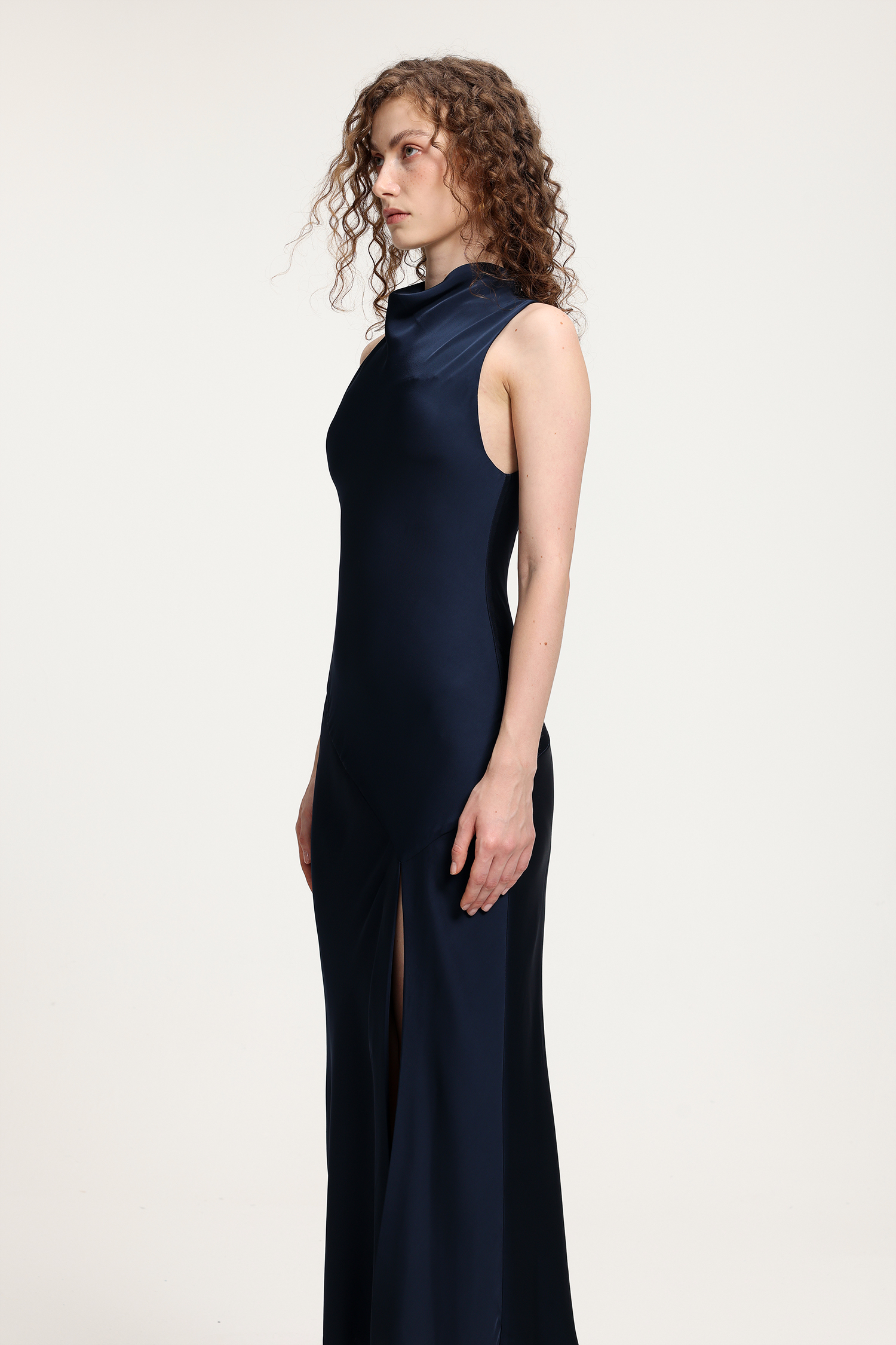 Navy Satin Cowl Neck Midi Dress With Side Slit