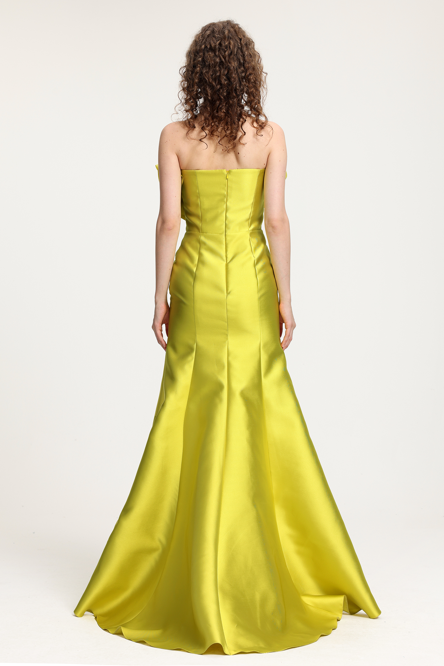 Bright Yellow Satin Off-the-Shoulder Gown With Oversized Floral Ruffle & Mermaid Silhouette