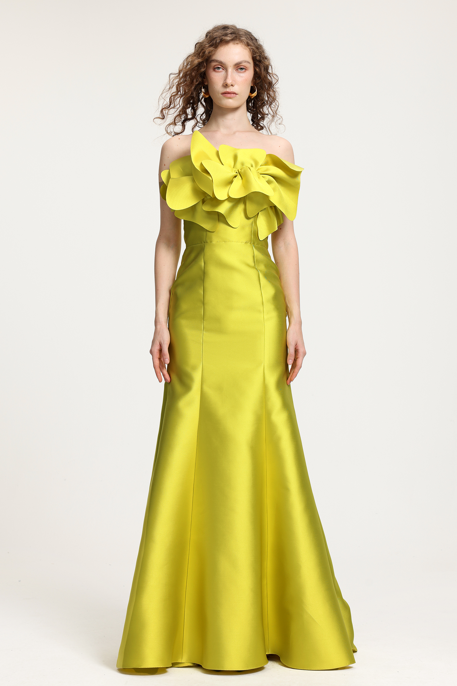 Bright Yellow Satin Off-the-Shoulder Gown With Oversized Floral Ruffle & Mermaid Silhouette