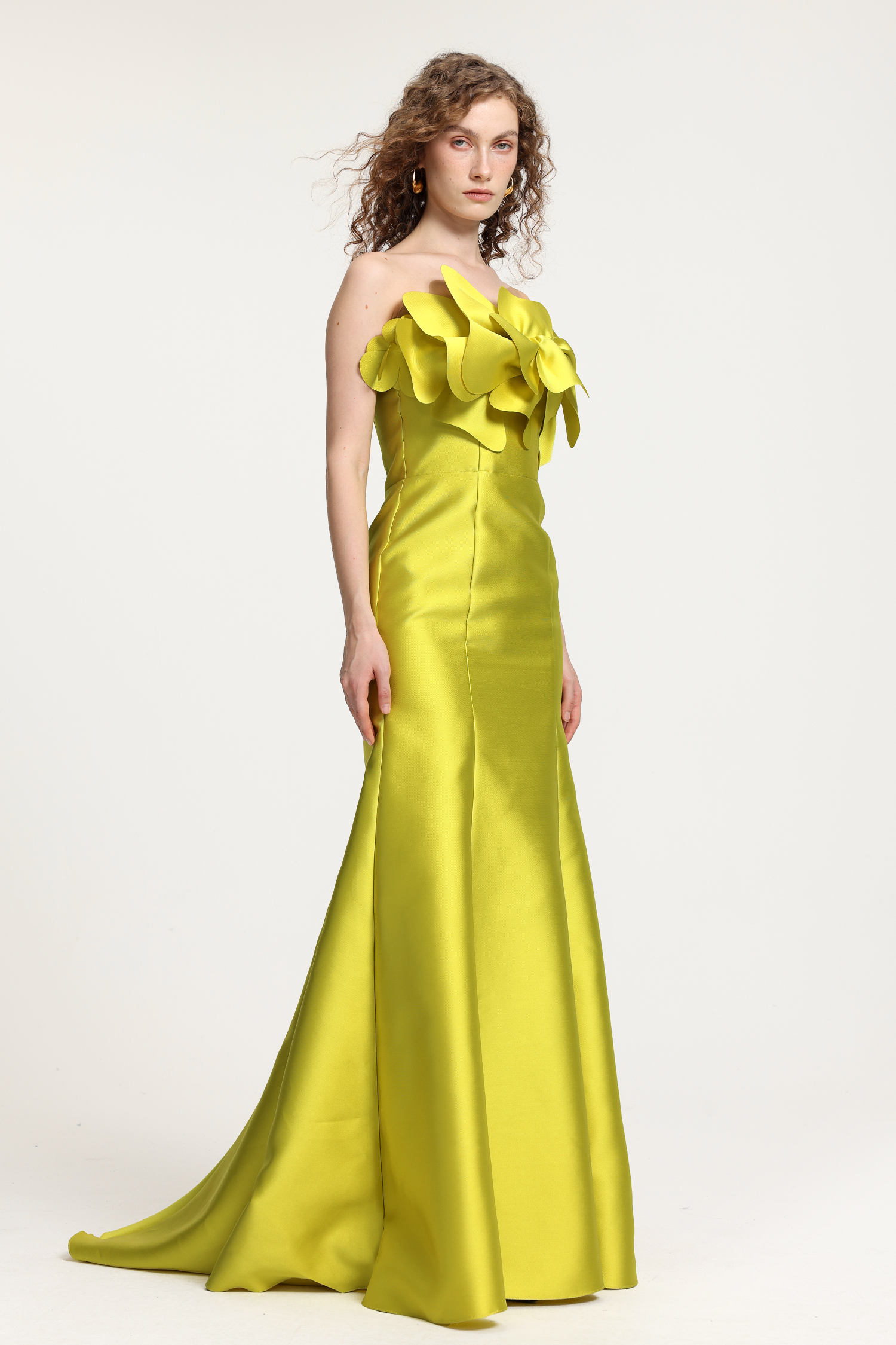 Bright Yellow Satin Off-the-Shoulder Gown With Oversized Floral Ruffle & Mermaid Silhouette