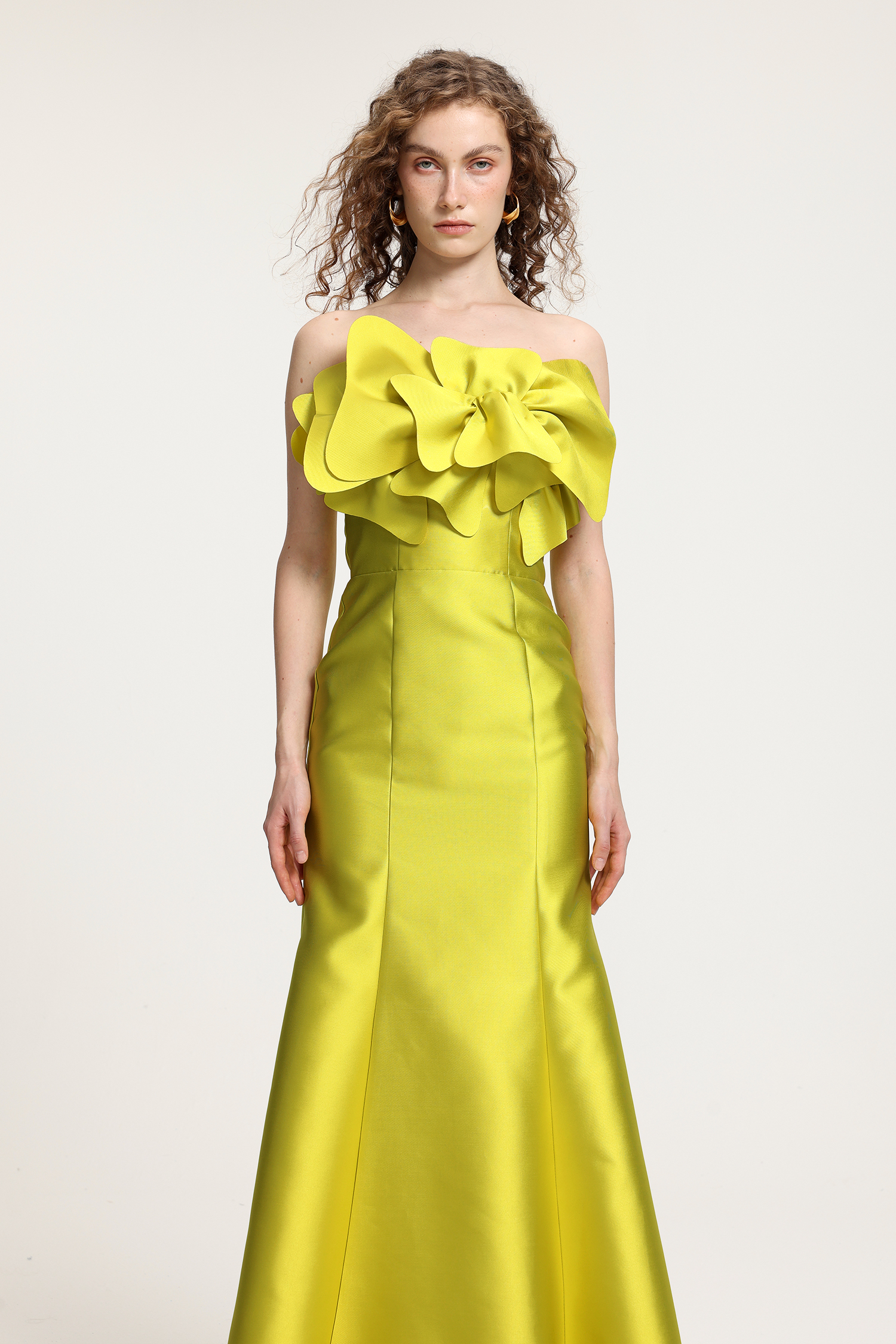 Bright Yellow Satin Off-the-Shoulder Gown With Oversized Floral Ruffle & Mermaid Silhouette