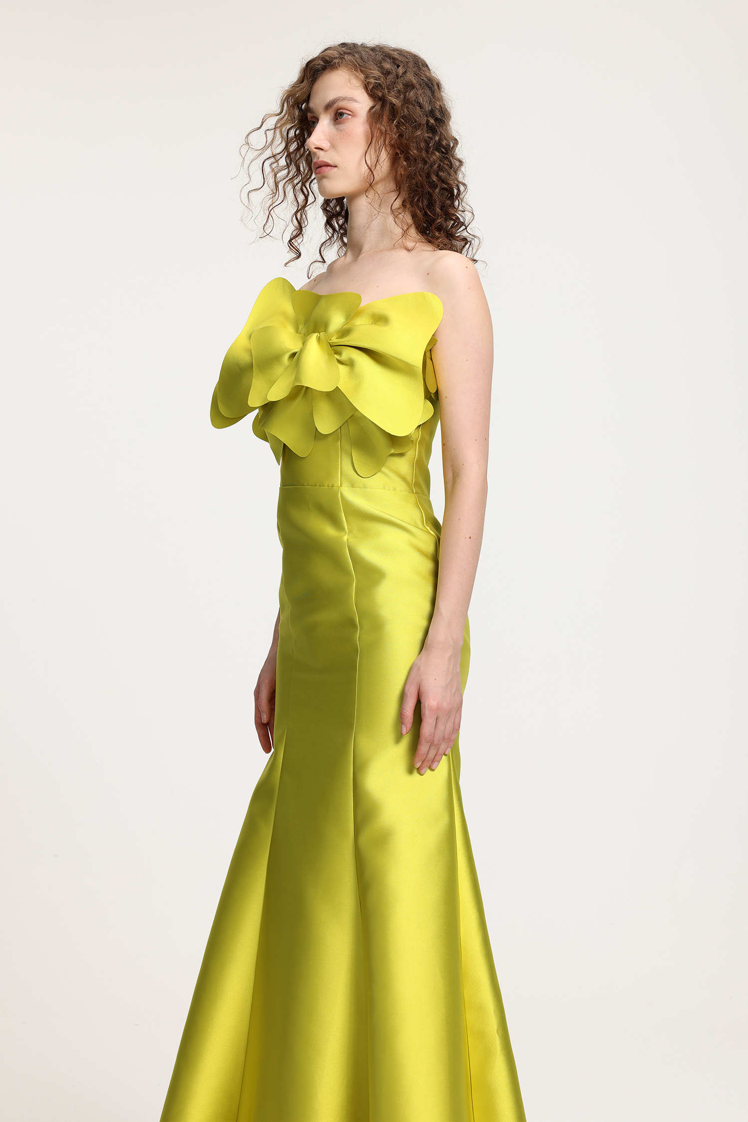 Bright Yellow Satin Off-the-Shoulder Gown With Oversized Floral Ruffle & Mermaid Silhouette