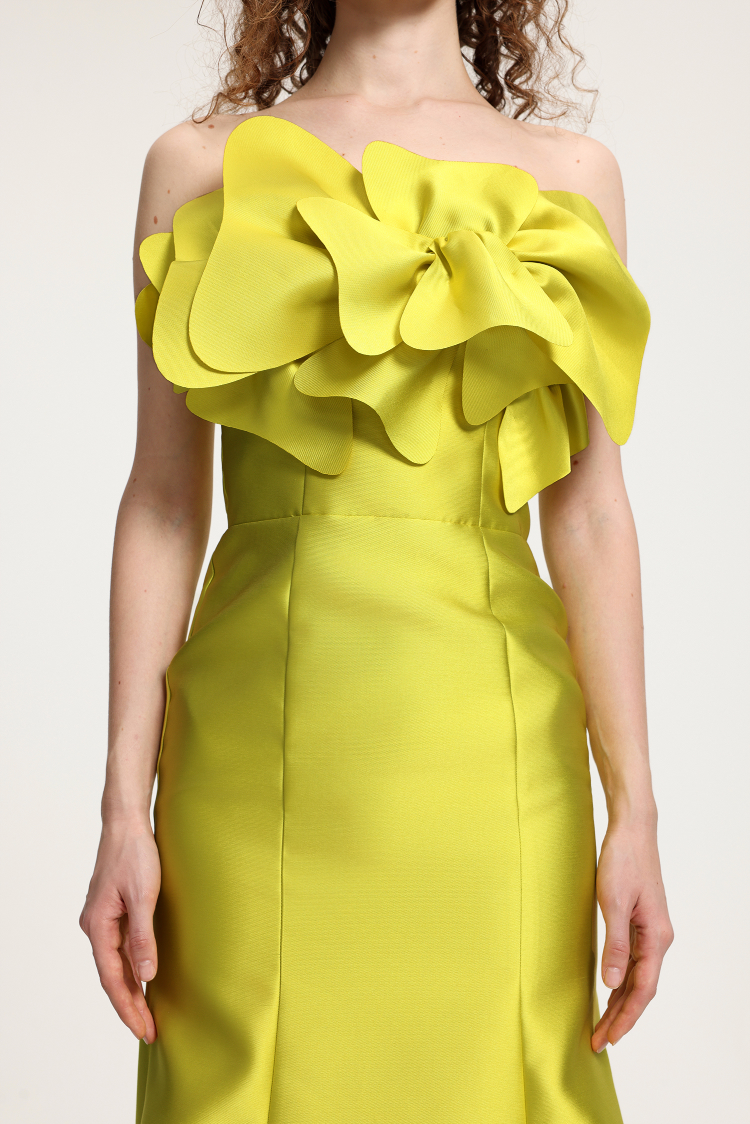 Bright Yellow Satin Off-the-Shoulder Gown With Oversized Floral Ruffle & Mermaid Silhouette