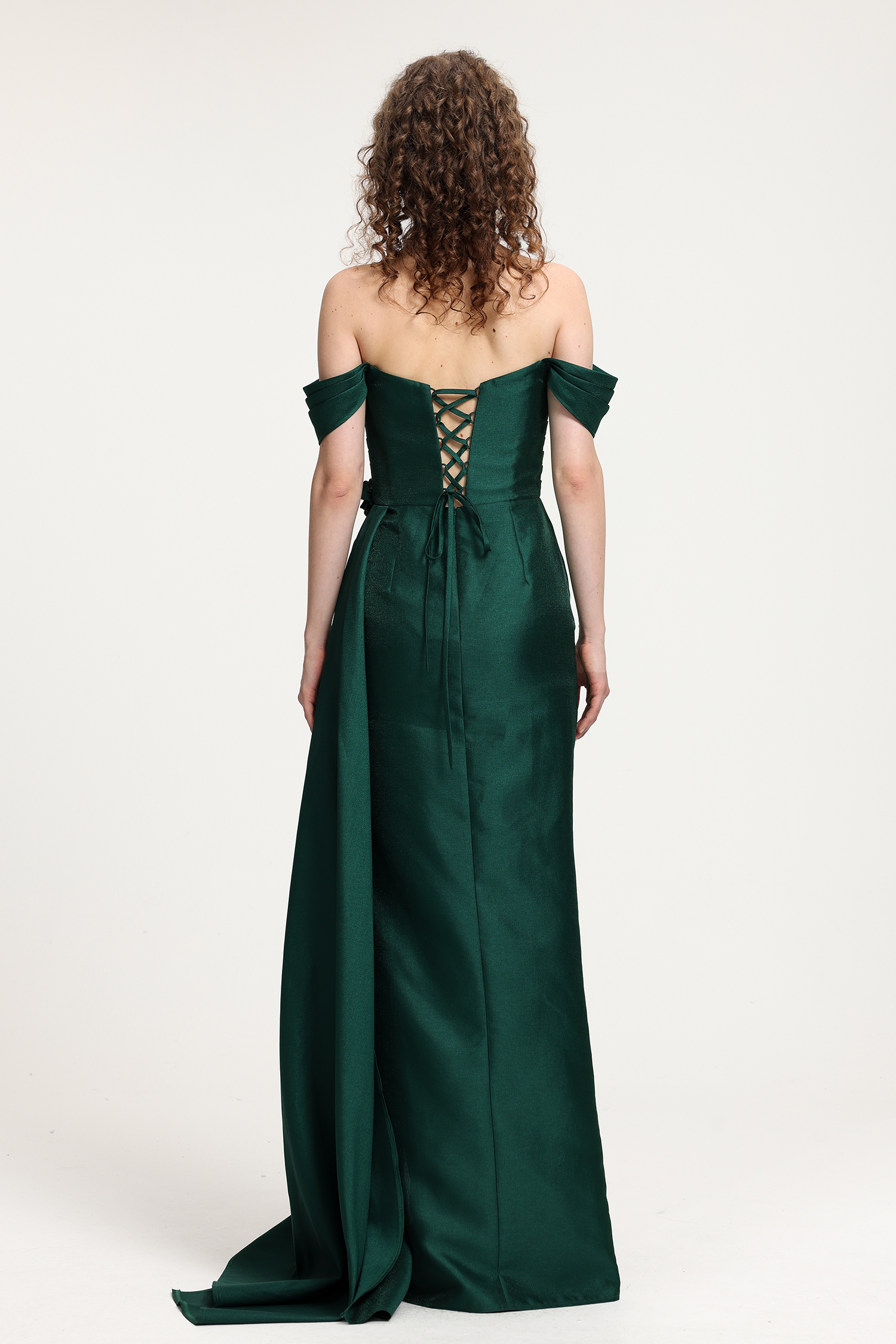 Deep Green Satin Off-the-Shoulder Gown With 3D Floral Embellishments & High Side Slit