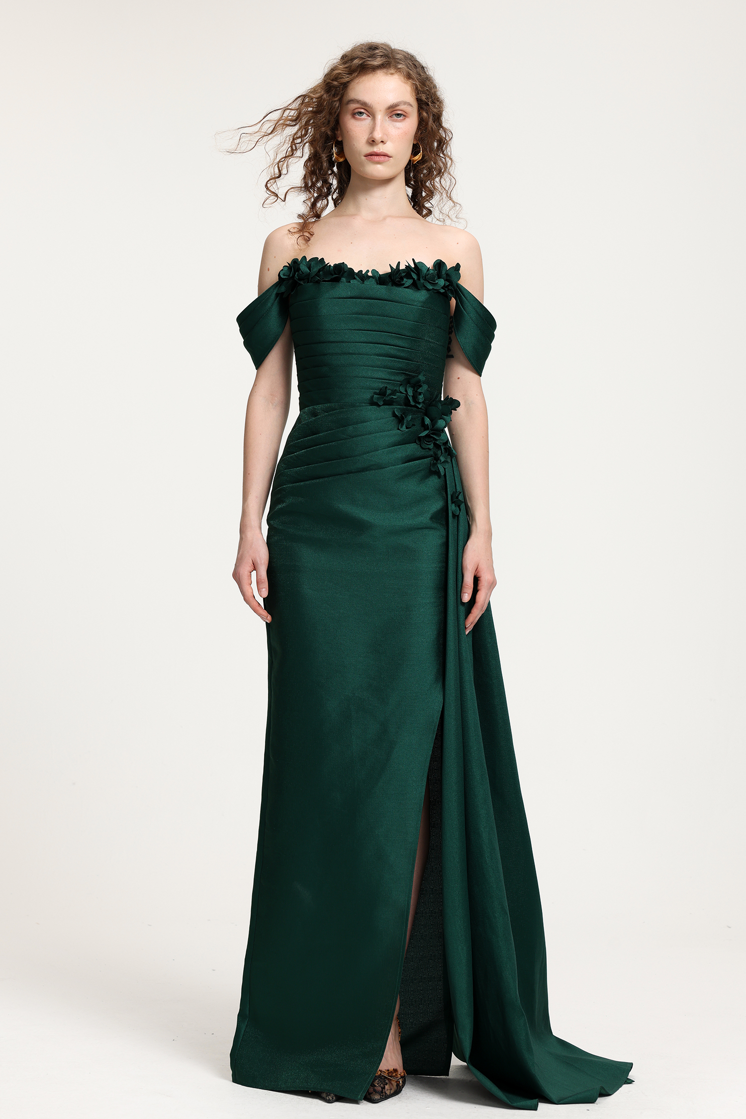 Deep Green Satin Off-the-Shoulder Gown With 3D Floral Embellishments & High Side Slit