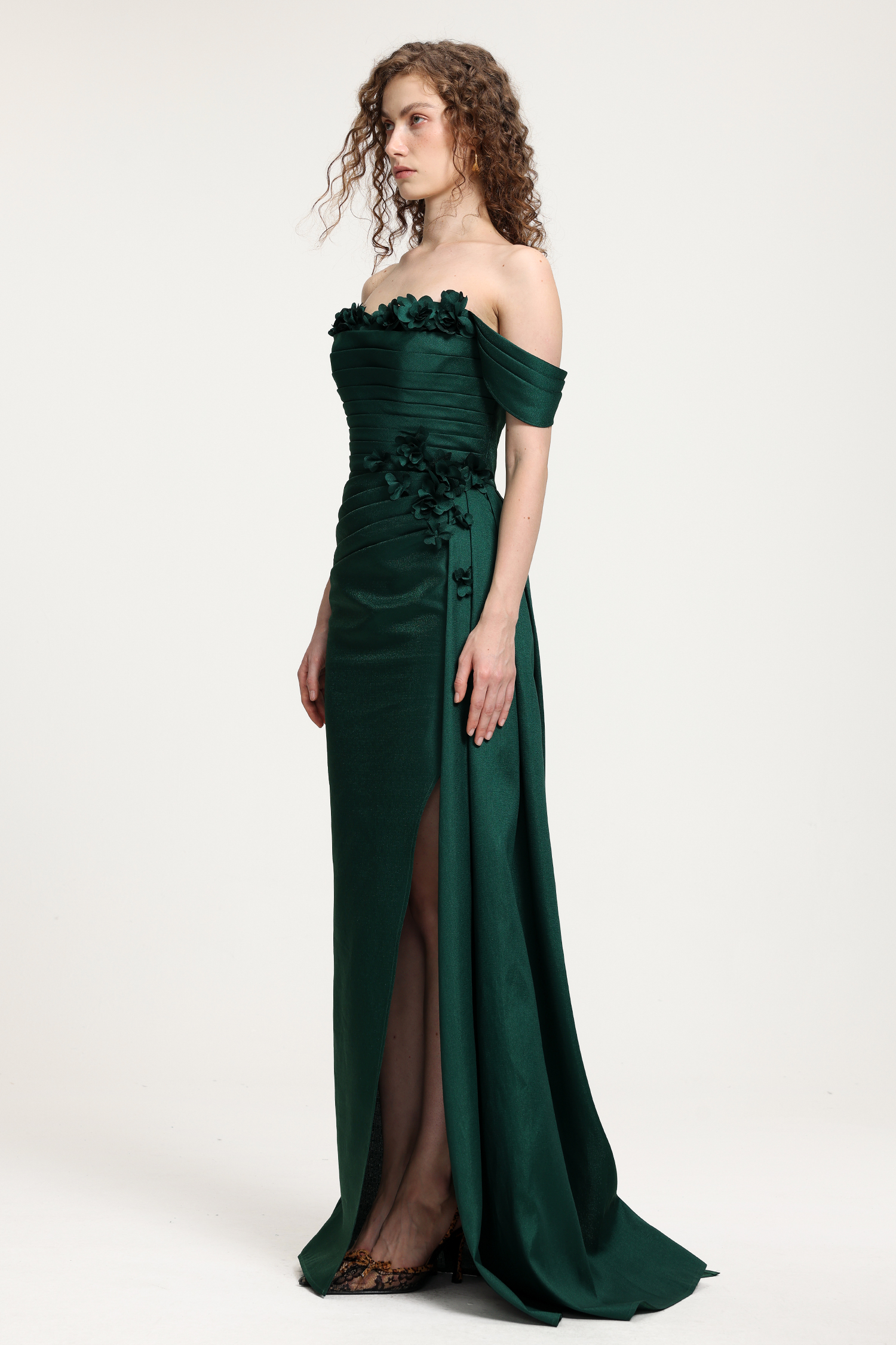 Deep Green Satin Off-the-Shoulder Gown With 3D Floral Embellishments & High Side Slit
