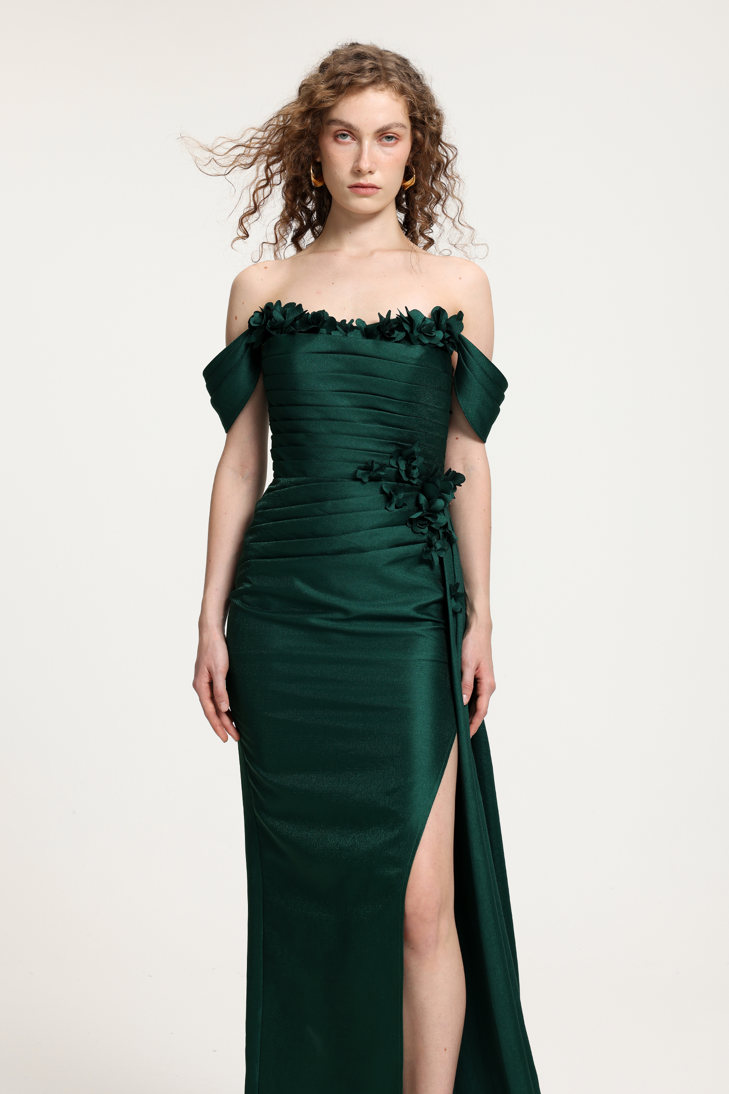Deep Green Satin Off-the-Shoulder Gown With 3D Floral Embellishments & High Side Slit