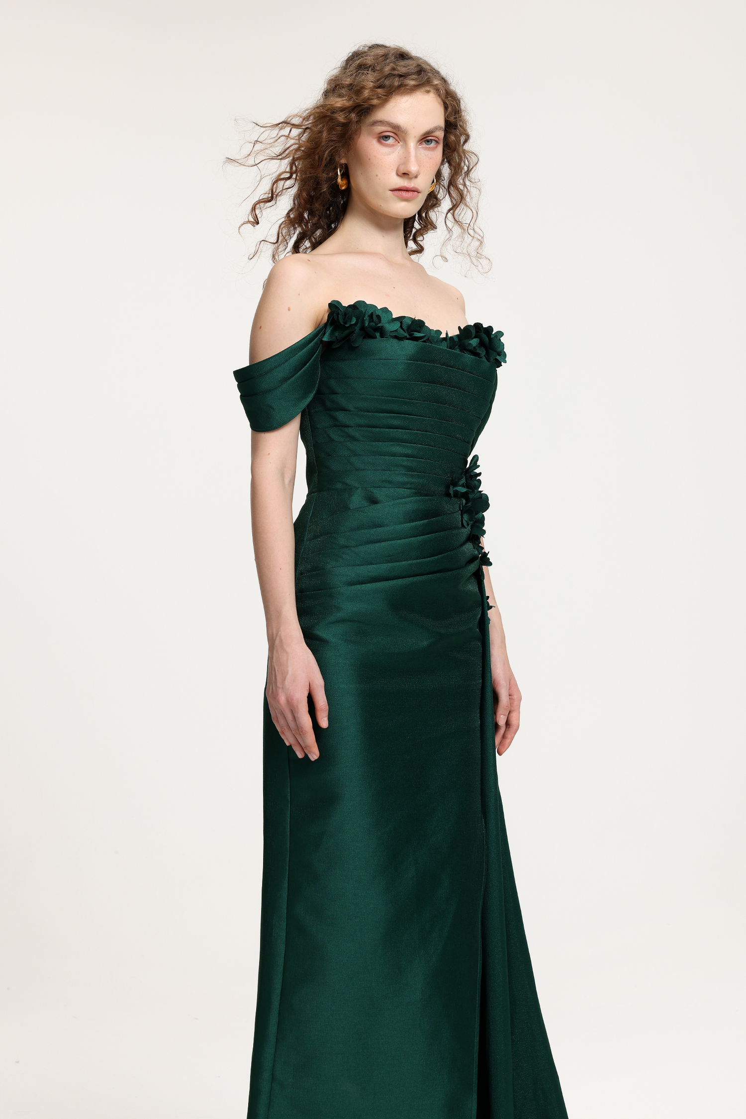 Deep Green Satin Off-the-Shoulder Gown With 3D Floral Embellishments & High Side Slit
