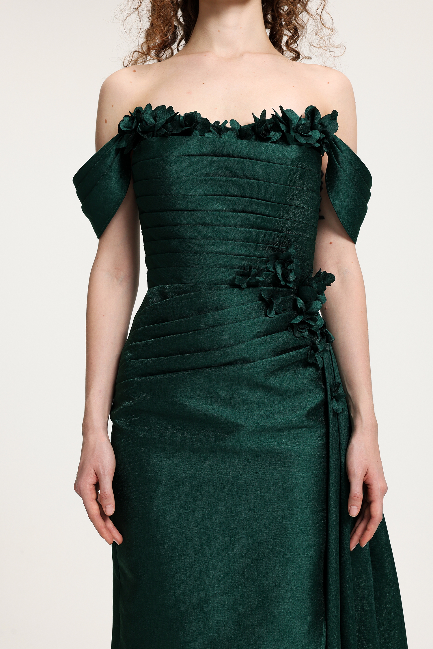 Deep Green Satin Off-the-Shoulder Gown With 3D Floral Embellishments & High Side Slit