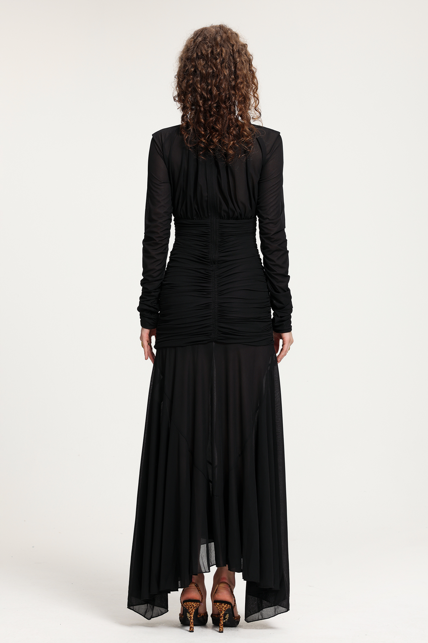 Black Mesh Deep V-Neck Ruched Long-Sleeve Asymmetric Floor-Length Gown