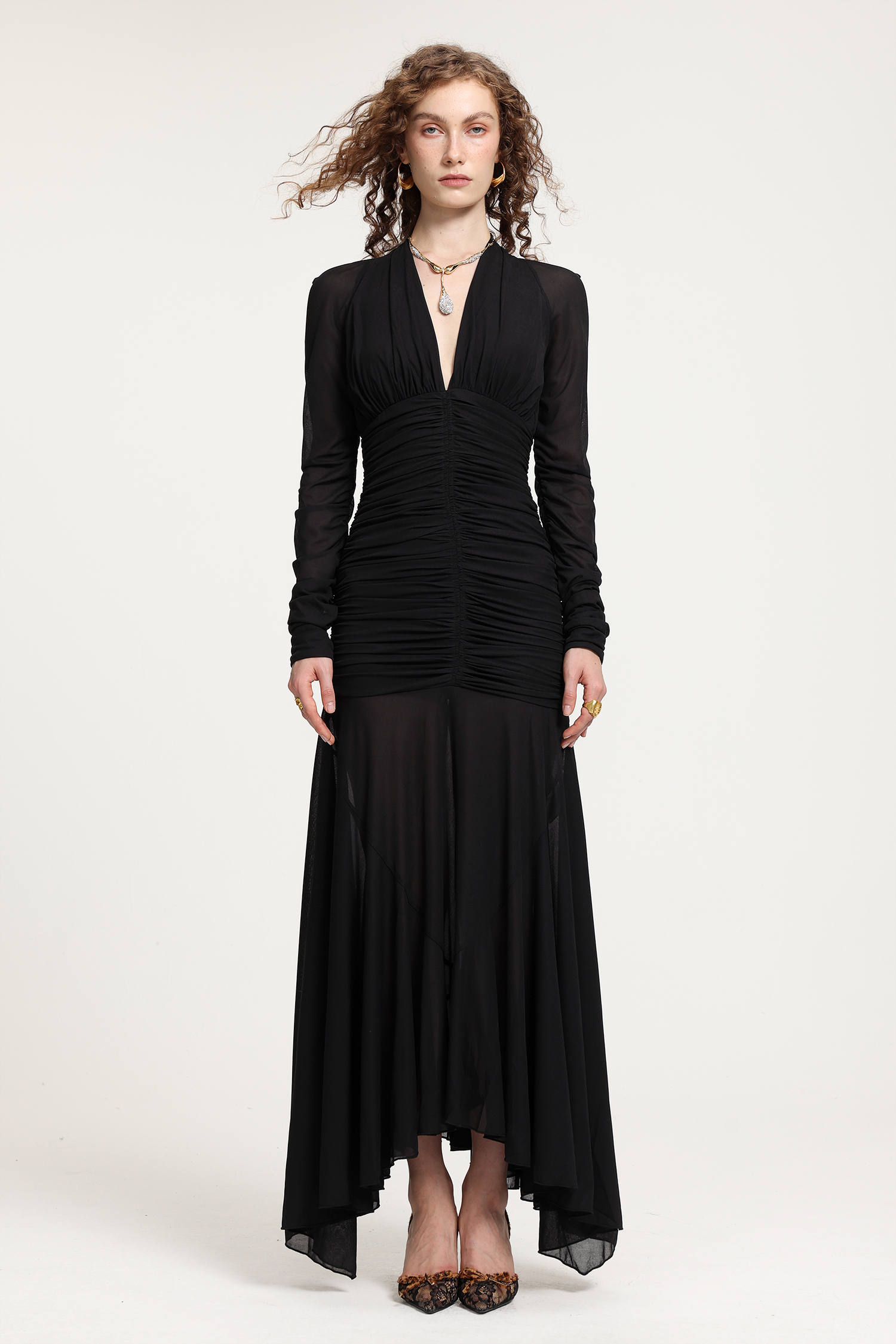 Black Mesh Deep V-Neck Ruched Long-Sleeve Asymmetric Floor-Length Gown