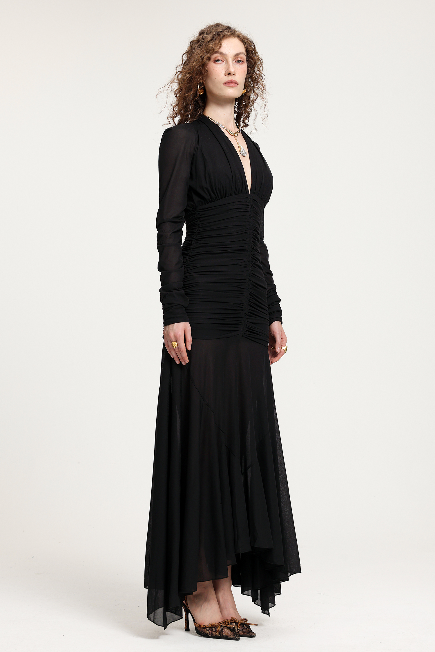 Black Mesh Deep V-Neck Ruched Long-Sleeve Asymmetric Floor-Length Gown