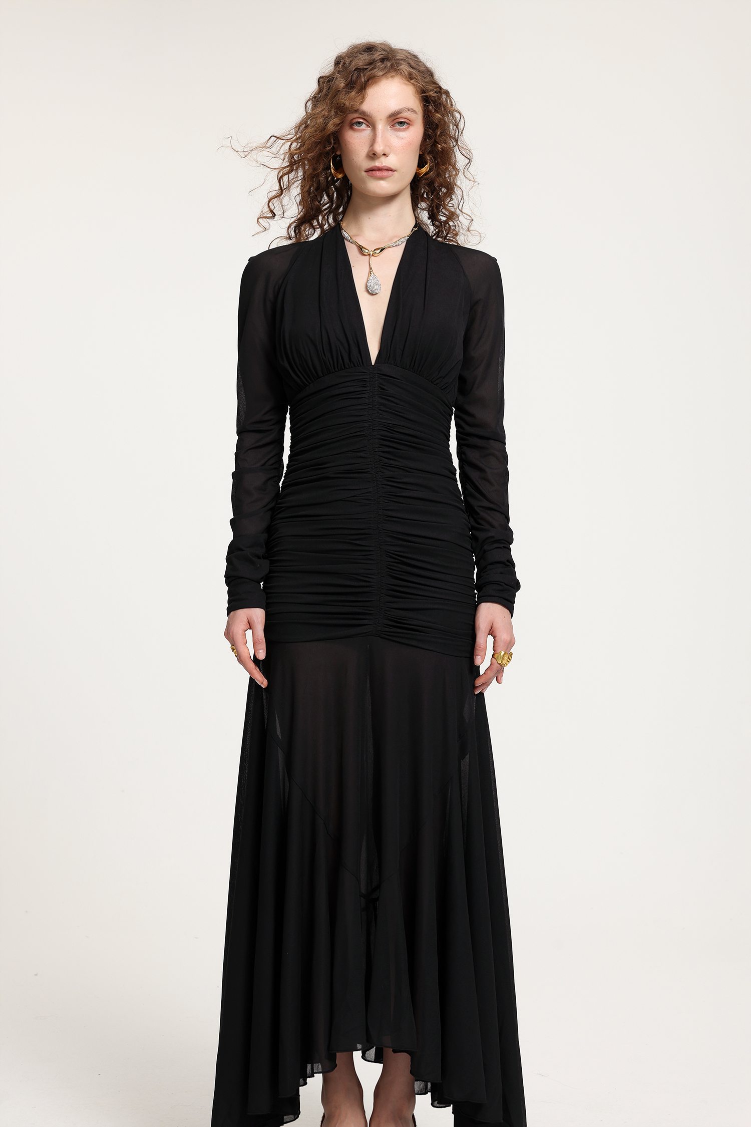 Black Mesh Deep V-Neck Ruched Long-Sleeve Asymmetric Floor-Length Gown