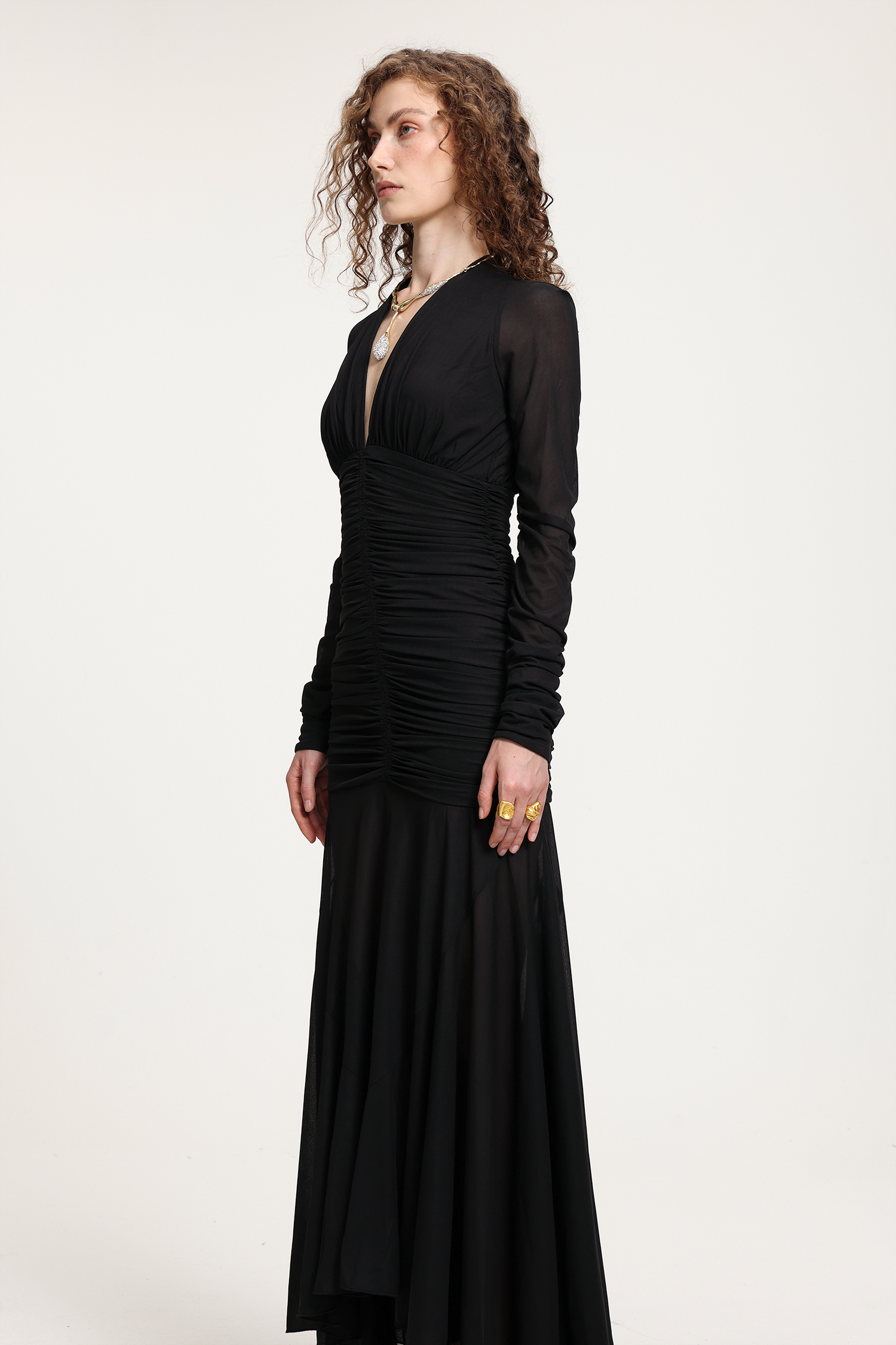 Black Mesh Deep V-Neck Ruched Long-Sleeve Asymmetric Floor-Length Gown