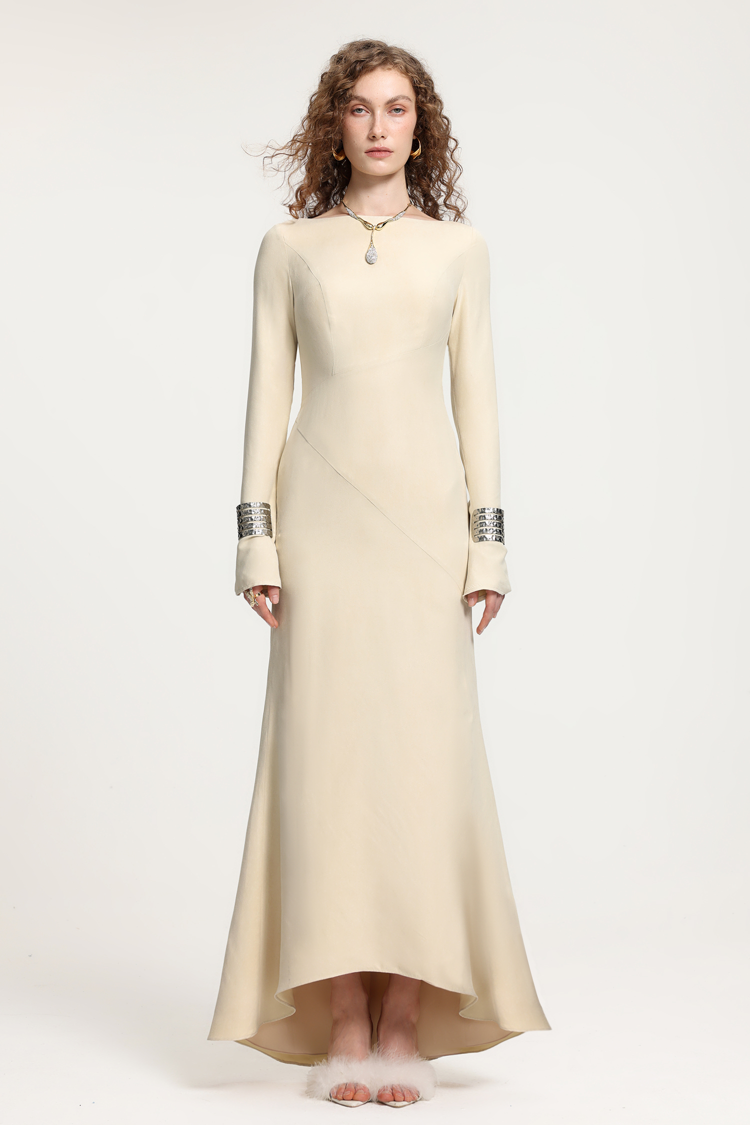 Cream Boat Neck Long-Sleeve Gown
