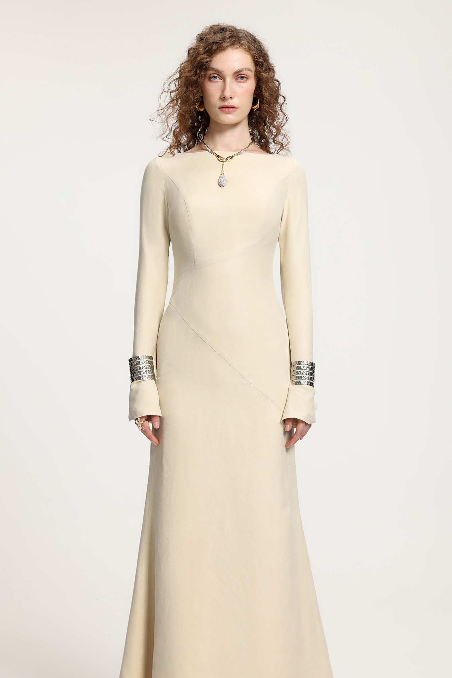Cream Boat Neck Long-Sleeve Gown