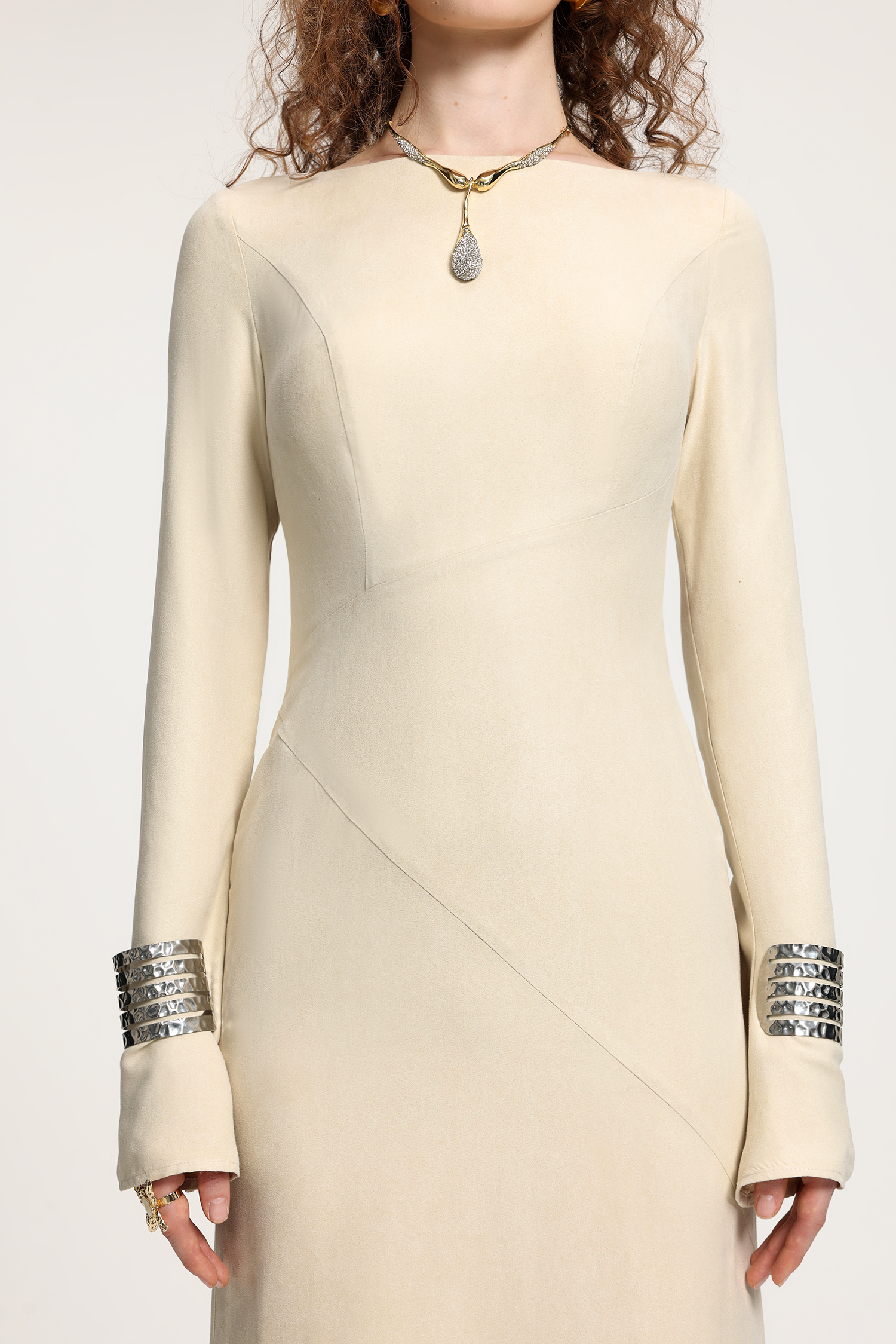 Cream Boat Neck Long-Sleeve Gown