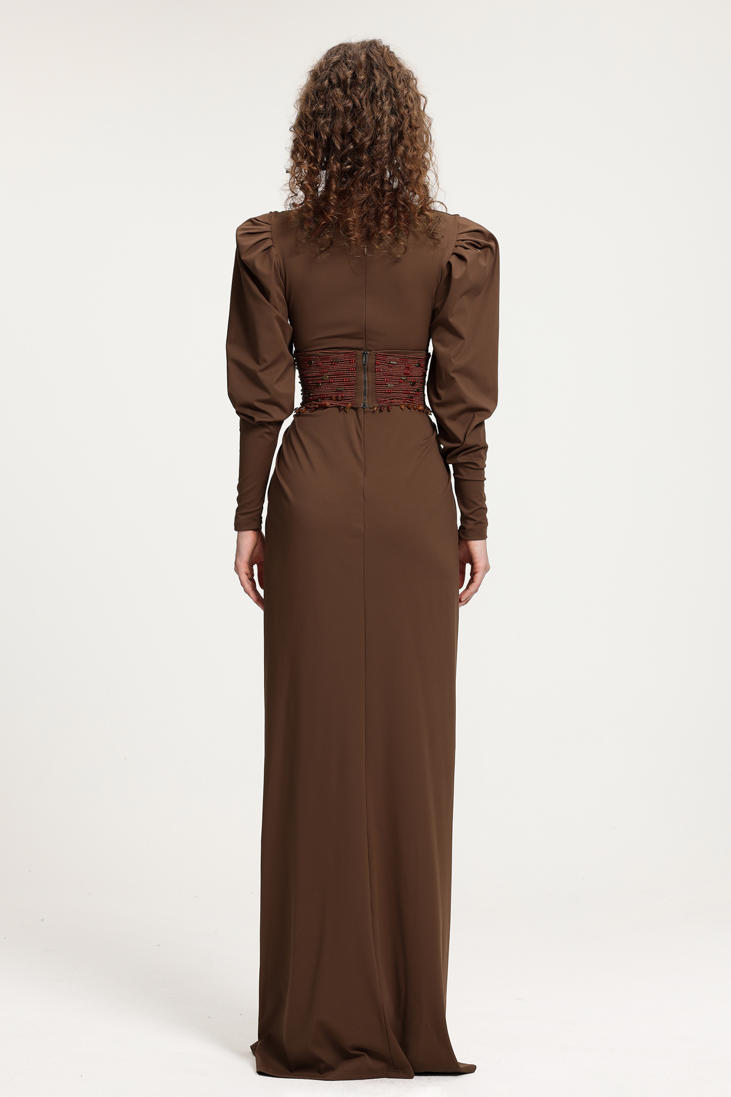 Brown Deep V-Neck Puffed Sleeve Gown With Red Beaded Corset Waist & Floor-Length Skirt