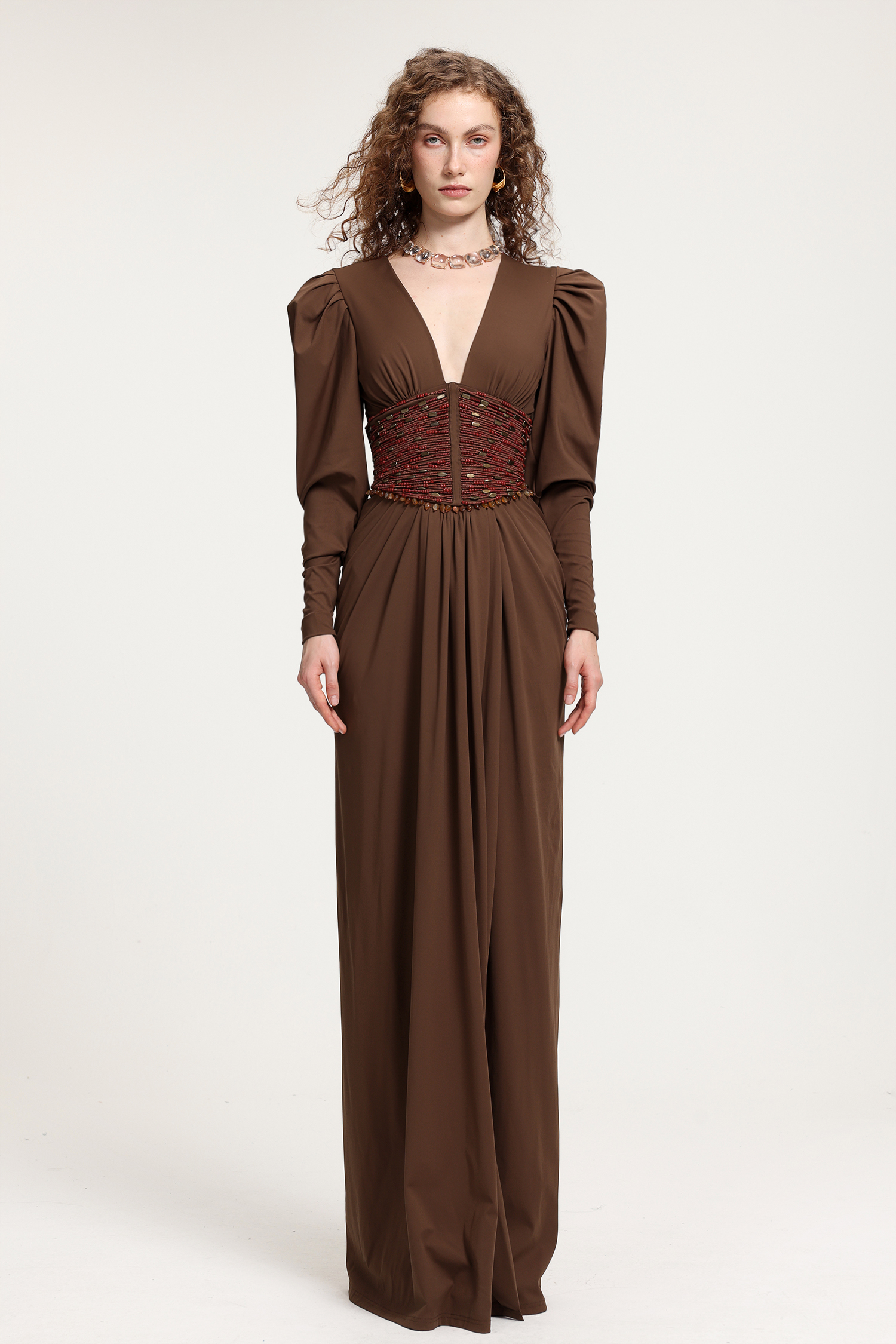 Brown Deep V-Neck Puffed Sleeve Gown With Red Beaded Corset Waist & Floor-Length Skirt