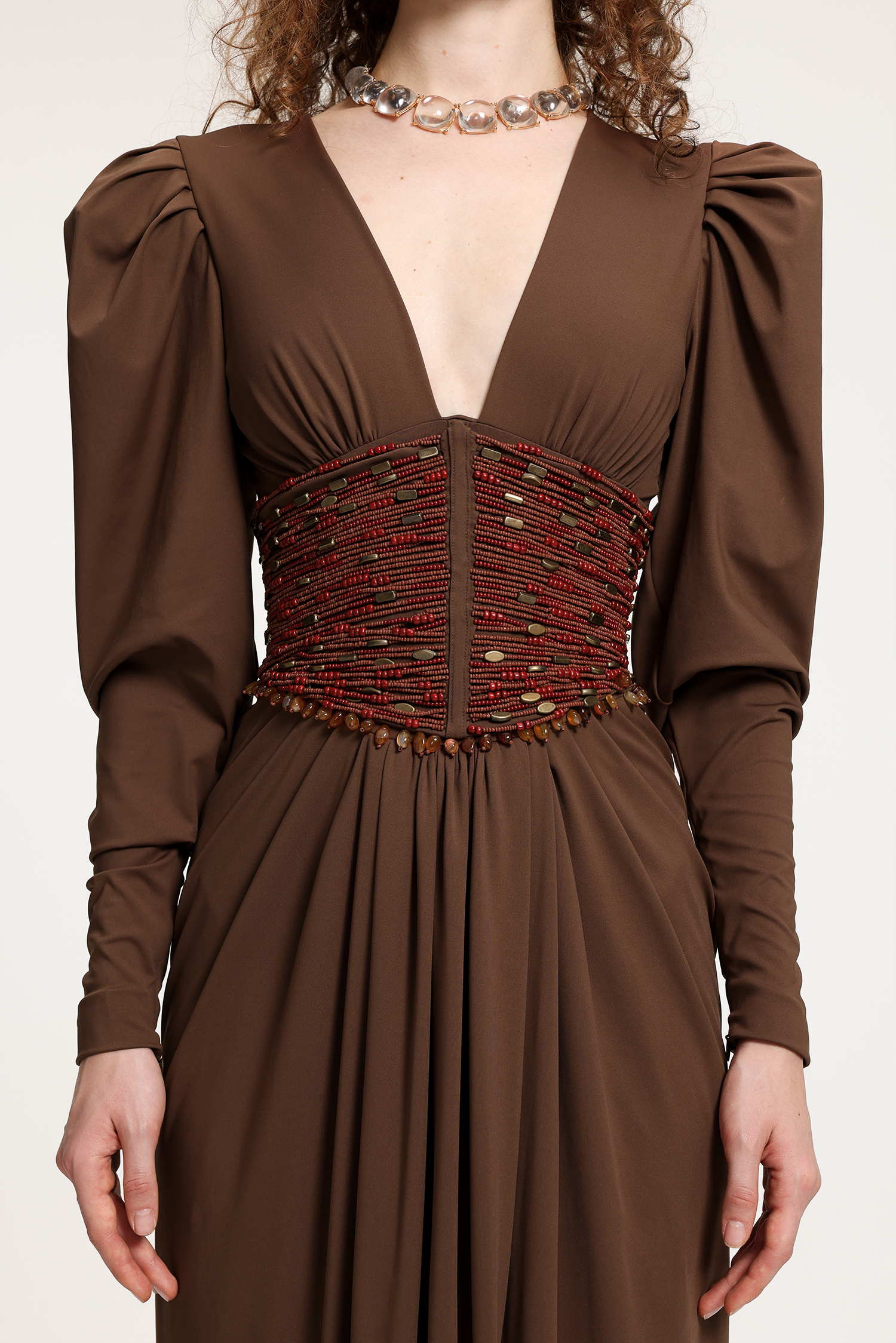 Brown Deep V-Neck Puffed Sleeve Gown With Red Beaded Corset Waist & Floor-Length Skirt