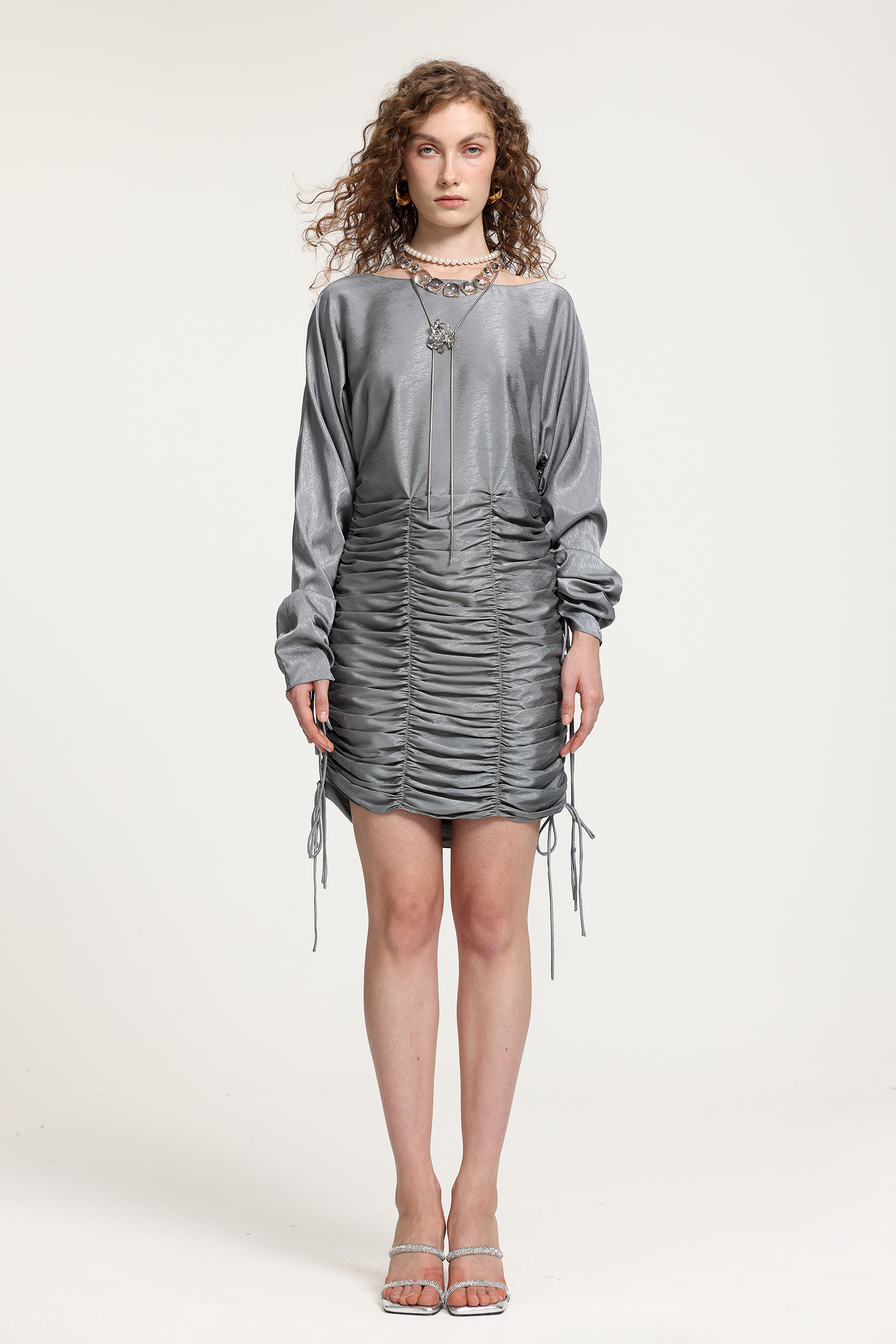 Silver Satin Boat Neck Oversized Sleeve Mini Dress With Ruched Skirt & Drawstring Details