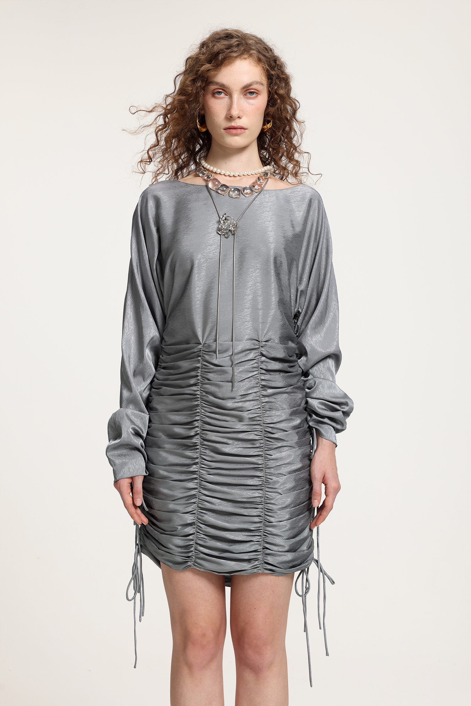 Silver Satin Boat Neck Oversized Sleeve Mini Dress With Ruched Skirt & Drawstring Details