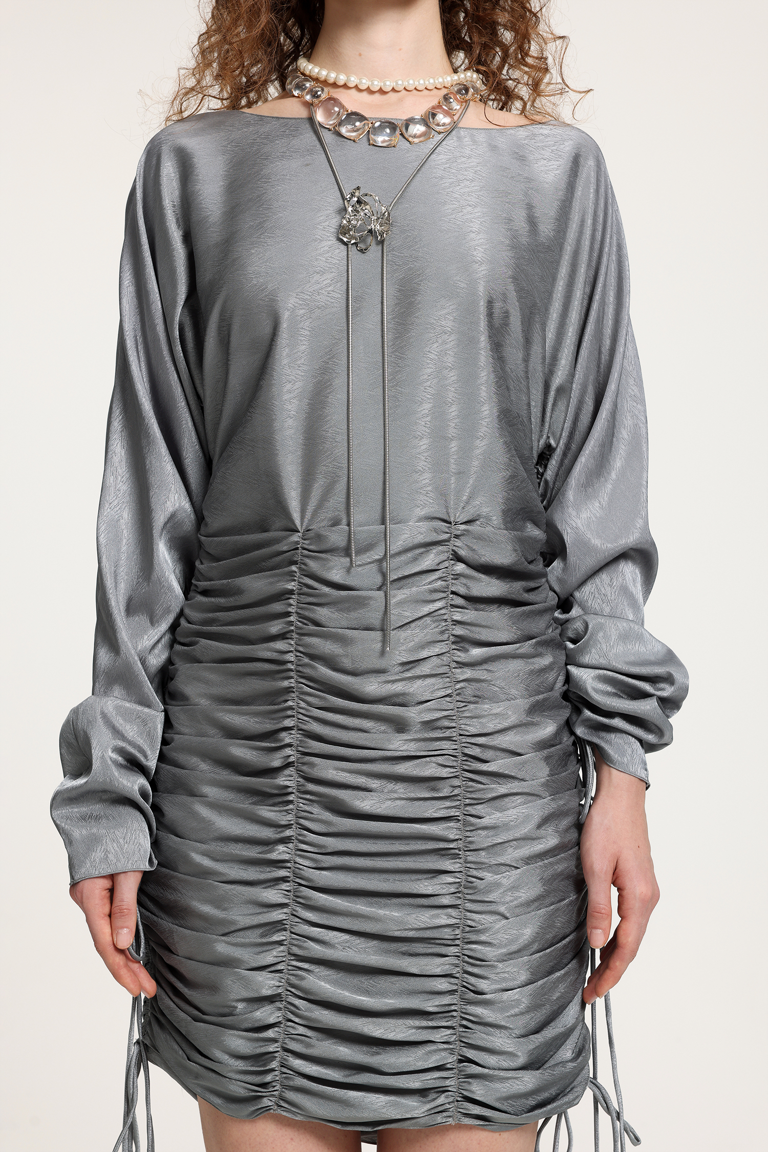 Silver Satin Boat Neck Oversized Sleeve Mini Dress With Ruched Skirt & Drawstring Details